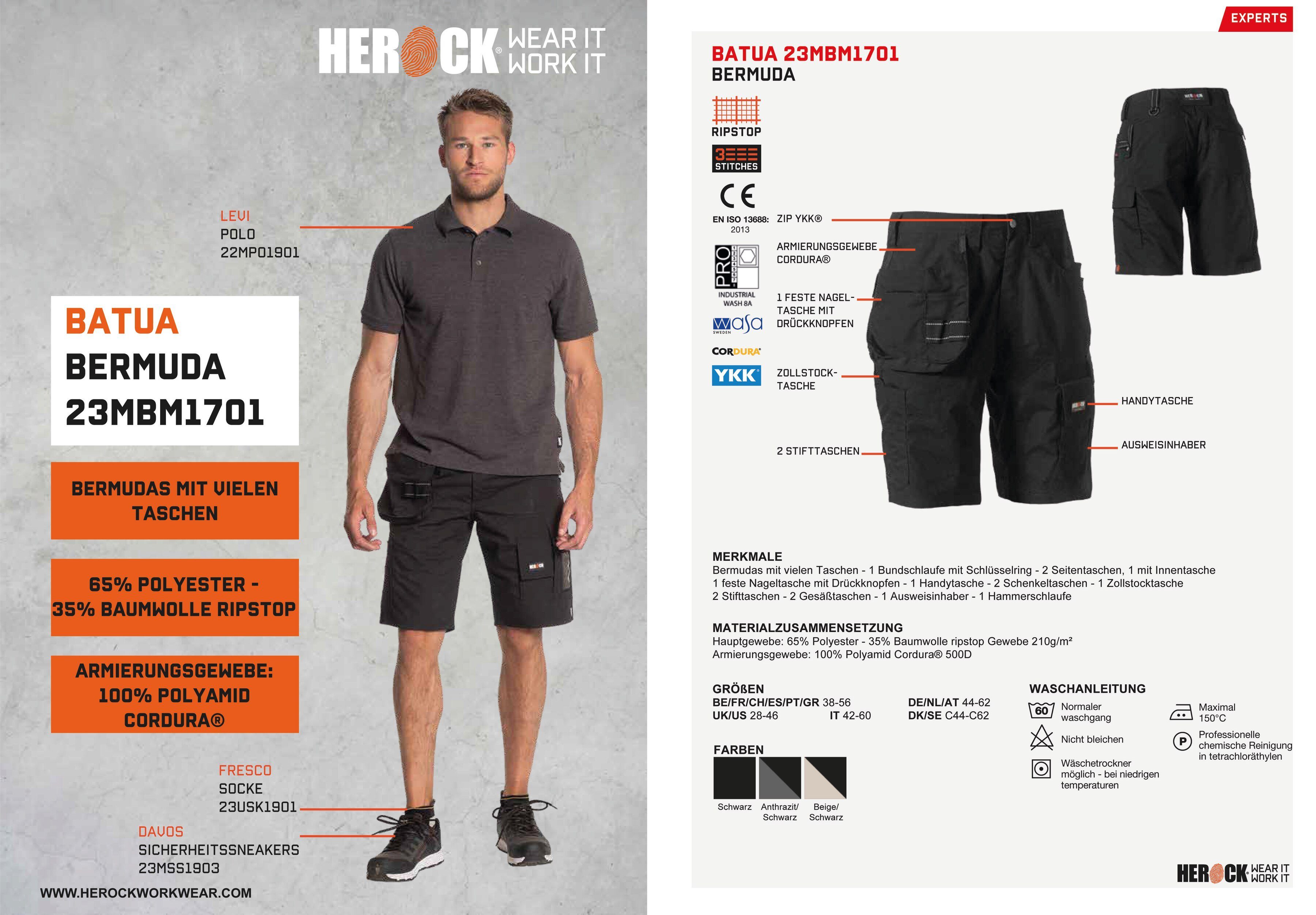 Herock Arbeitshose Batua Bermudas Vielen Taschen (inkl. Nageltasche & Bundschlaufe), 1 Hammerschlaufe
