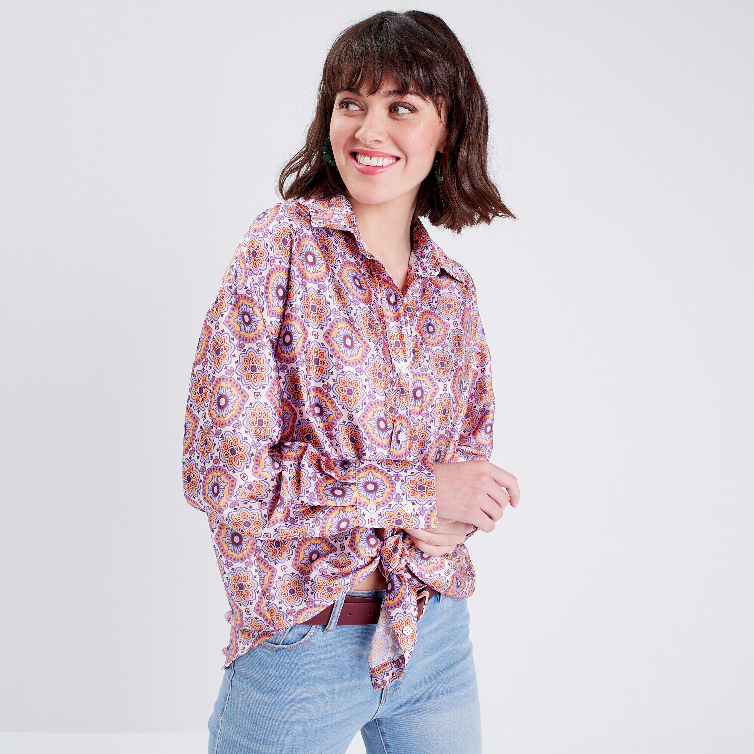 Chemise manches longues satin mauve femme | Cache Cache