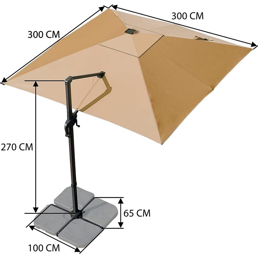 Melko Sonnenschirm Sonnenschirm Kurbelschirm 300 x 300 cm Ampelschirm LED Gartenschirm, neigbar, drehbar, platzspraned verstaubar