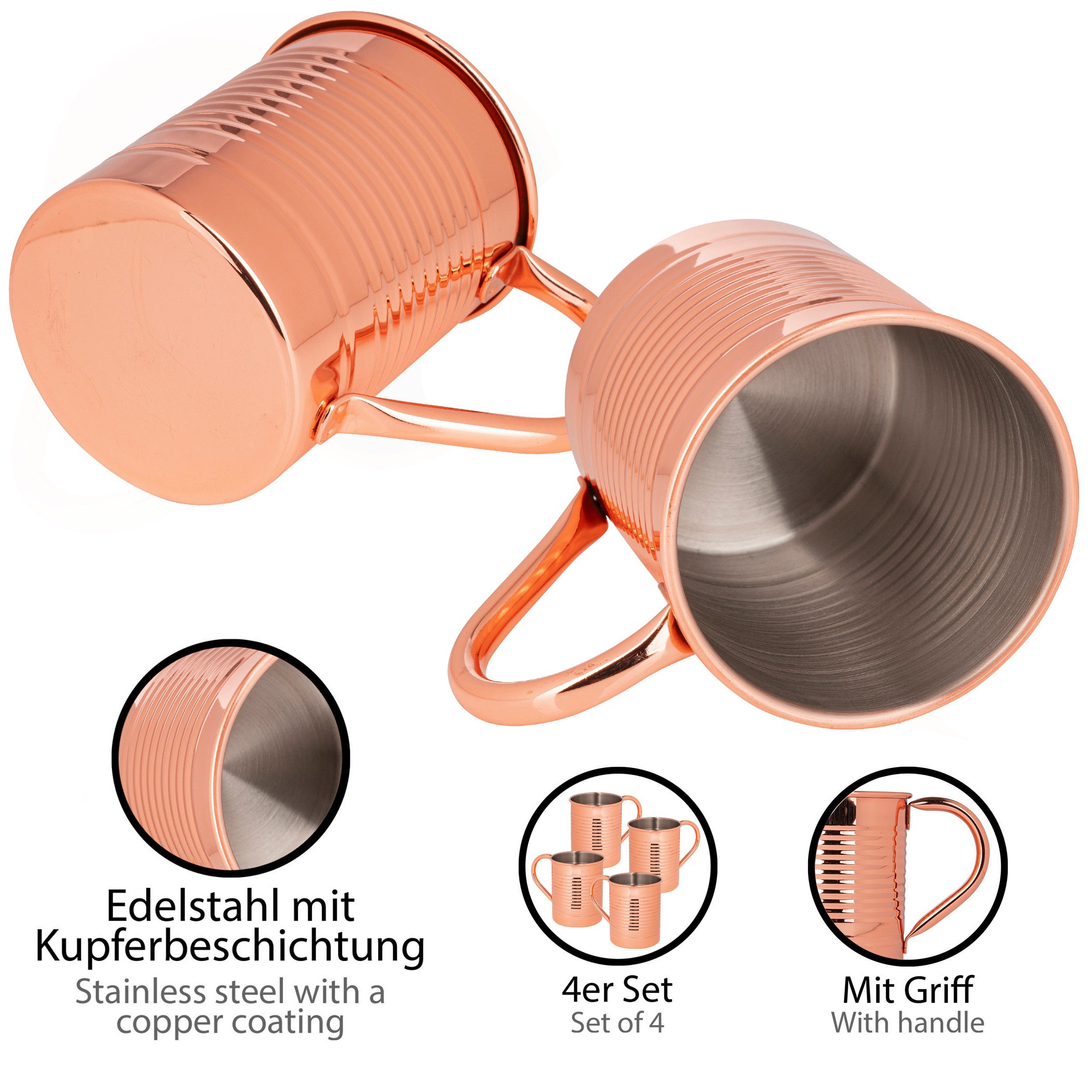 ONVAYA Cocktailglas Moscow Mule Becher Geschenk Set mit 4 Bechern, Barmaß & Strohhalm