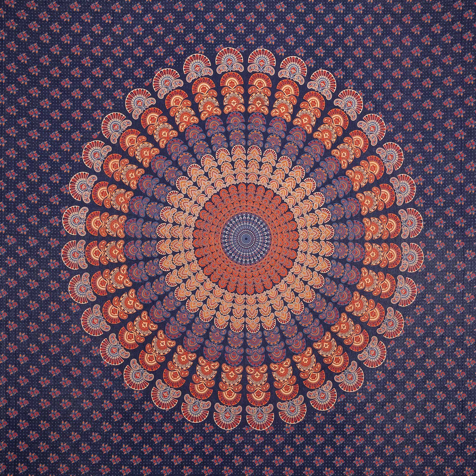 Wandteppich Tagesdecke Wandbehang Mandala Deko Tuch Peacock Pfau XL ca 200x230cm, KUNST UND MAGIE