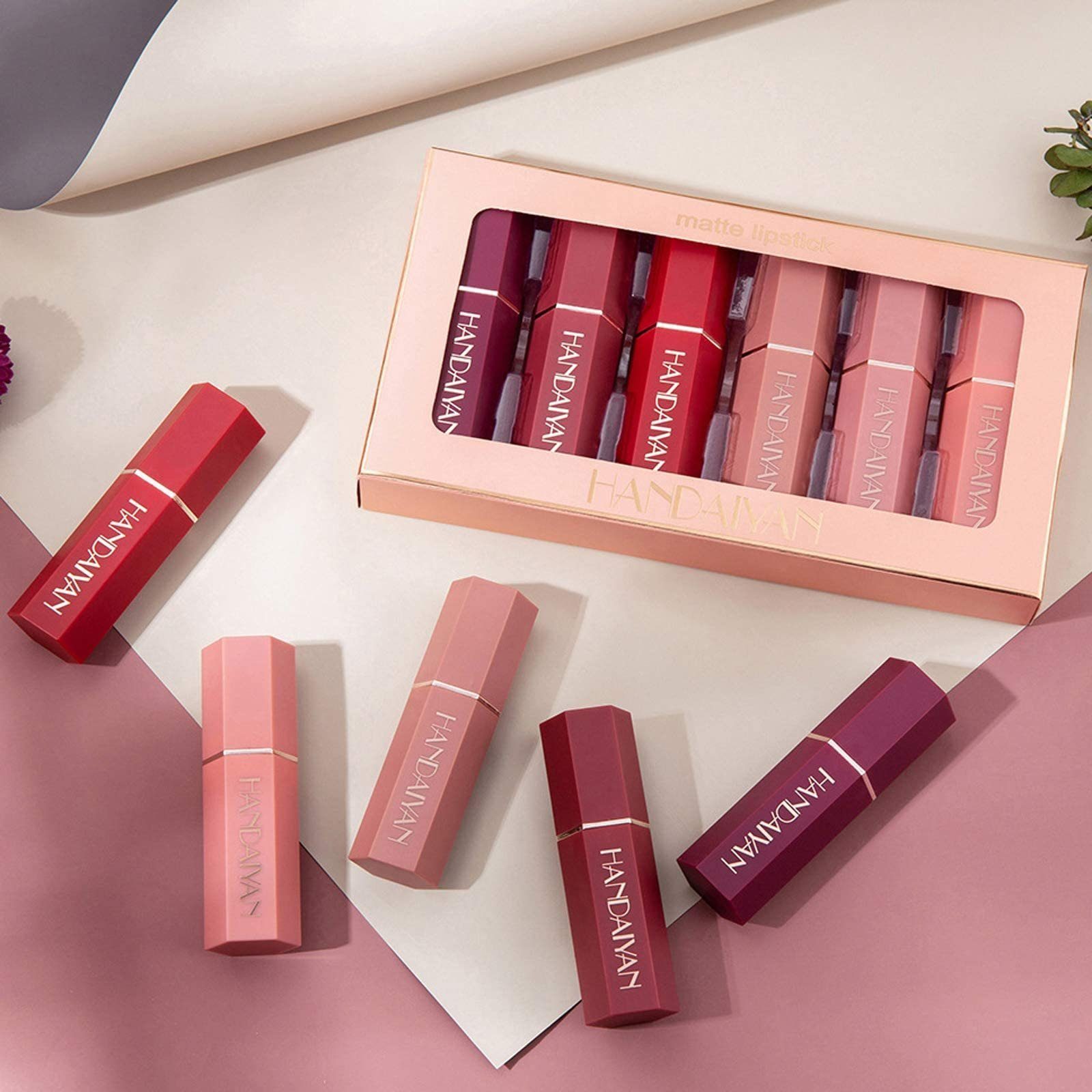 Haiaveng Lippenstift-Set 6 Farben Wasserdicht Matt Flüssiger Lippenstift Set, 6-tlg., Wasserdichte Langlebige Lipgloss Antihaft-Tasse