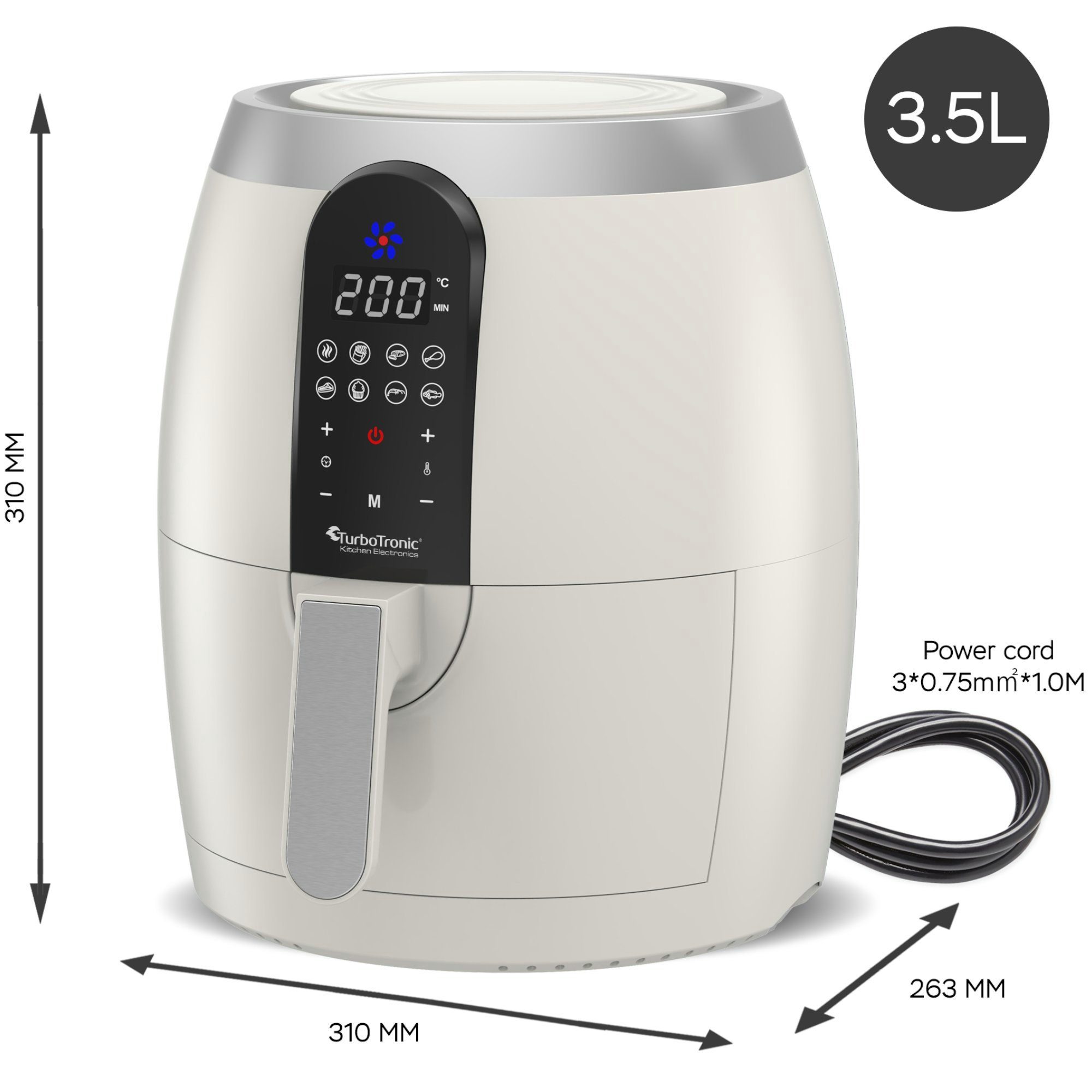 TurboTronic by Z-Line Heißluftfritteuse 3,5 Liter, 7 Programme, Fritteuse Fettfrei ohne Öl, 50°C 200°C Power, 1200 W, Camping Retro digital Airfryer AF10D