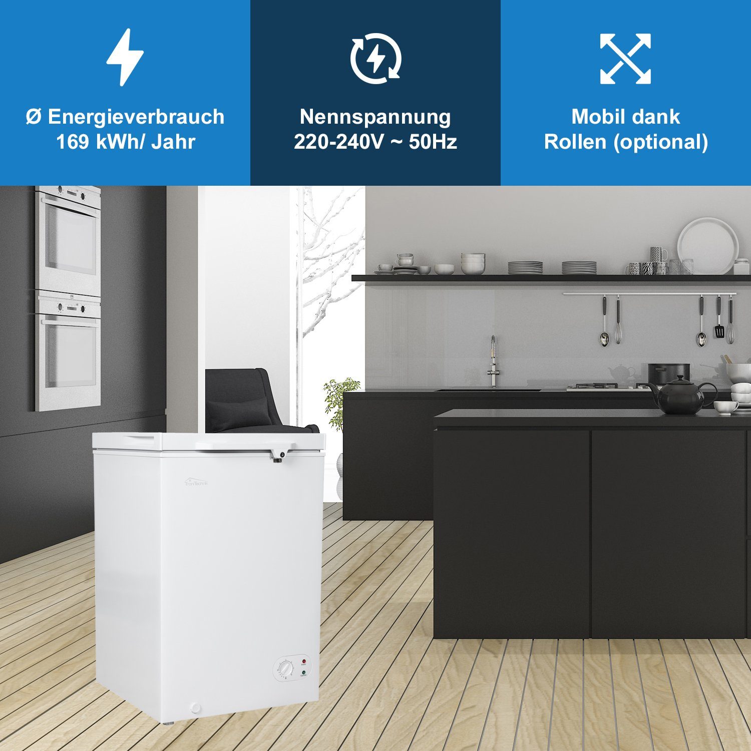 TroniTechnik Gefriertruhe BORGAR 110 PRO, 55 cm breit, 100 l, inkl. Dual Thermostat, LED Licht, Griff, Schloss, Rollen, Einlegekorb