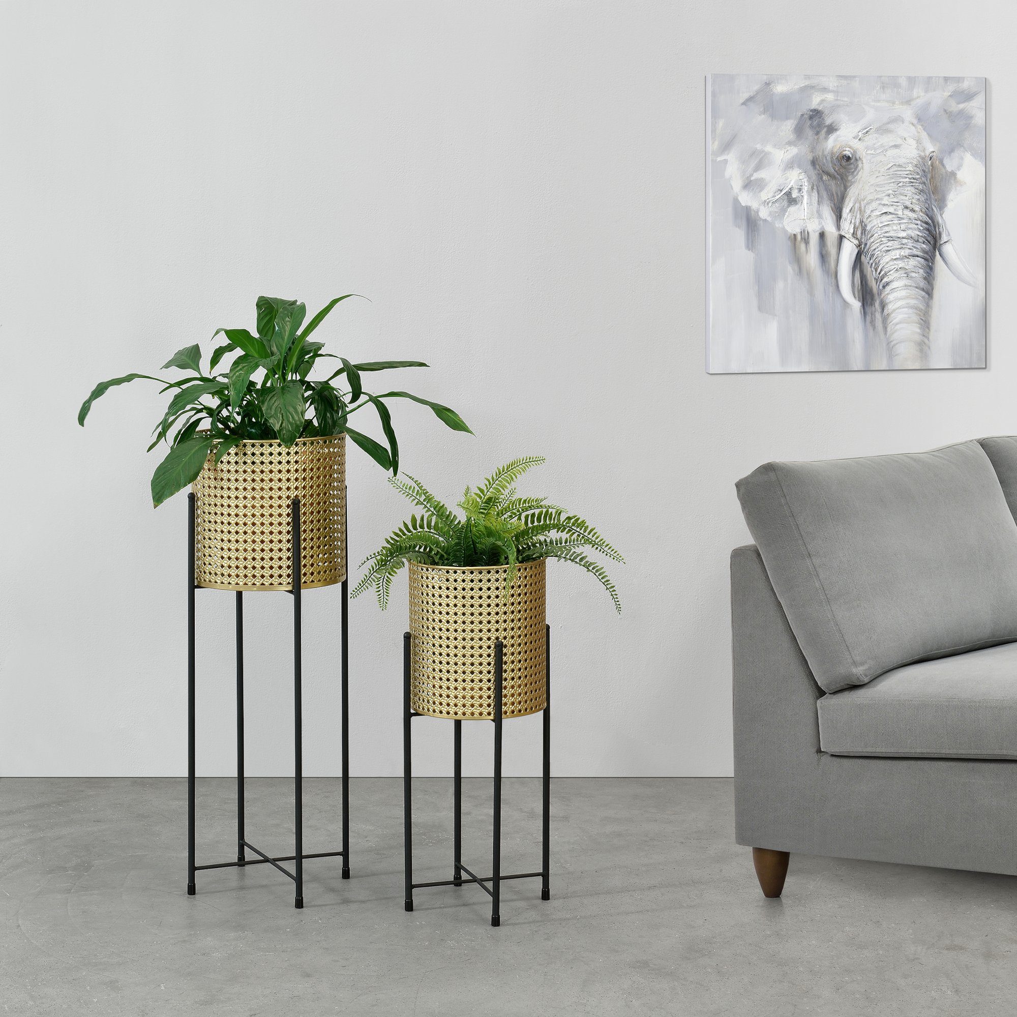 en.casa Blumenständer (Set, 2er), Mol Blumenkübel Pflanzenständer Pflanztopf Metall gold/schwarz
