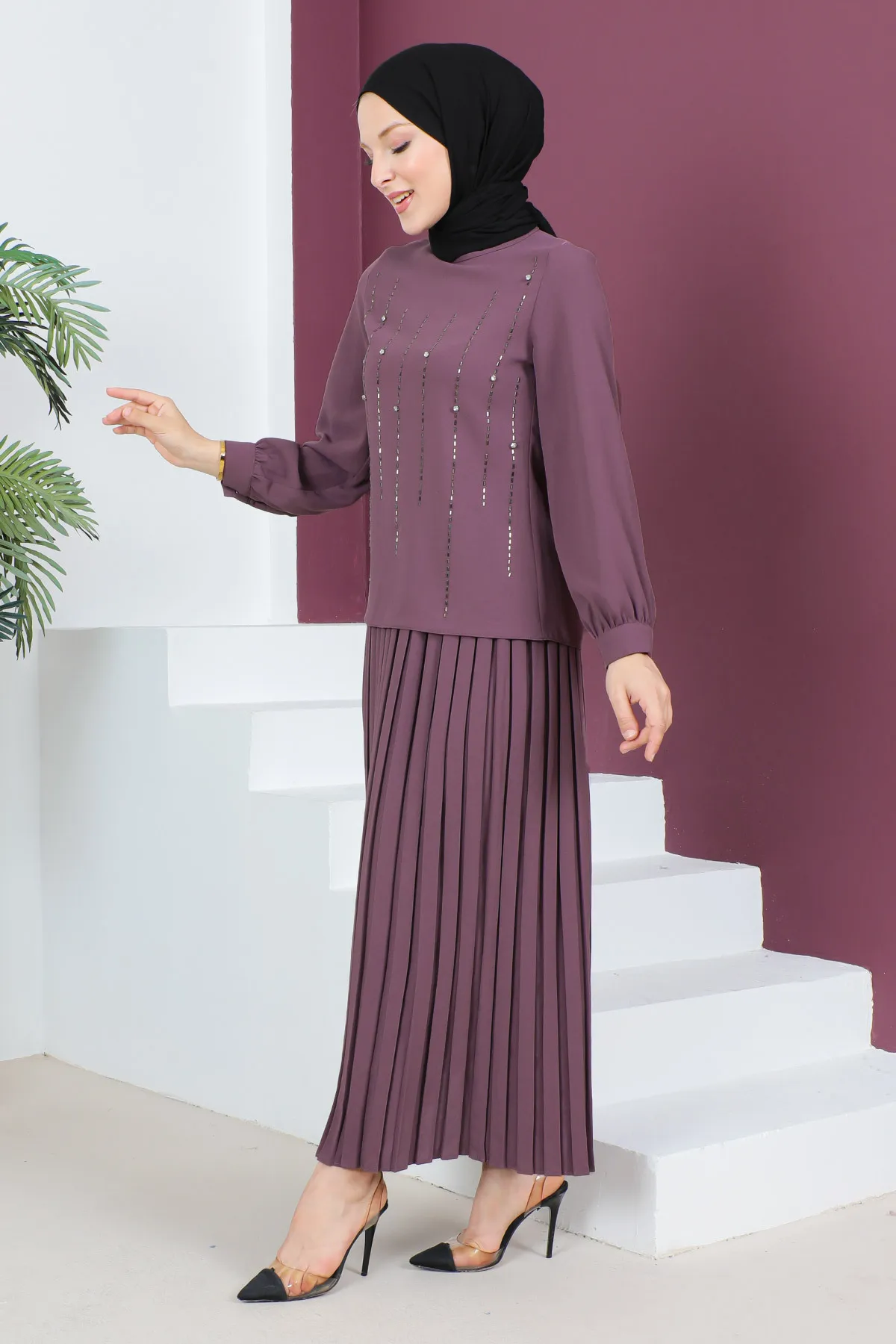 Tesettür Dünyası  Stone Detaillierter Rockanzug Tsd230525 Dusty Rose