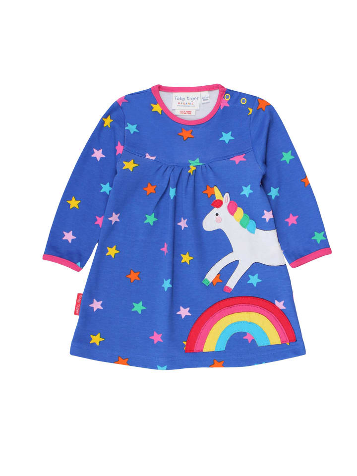 Toby Tiger Kleid mit Einhorn und Regenbogen Applikation in blau günstig kaufen