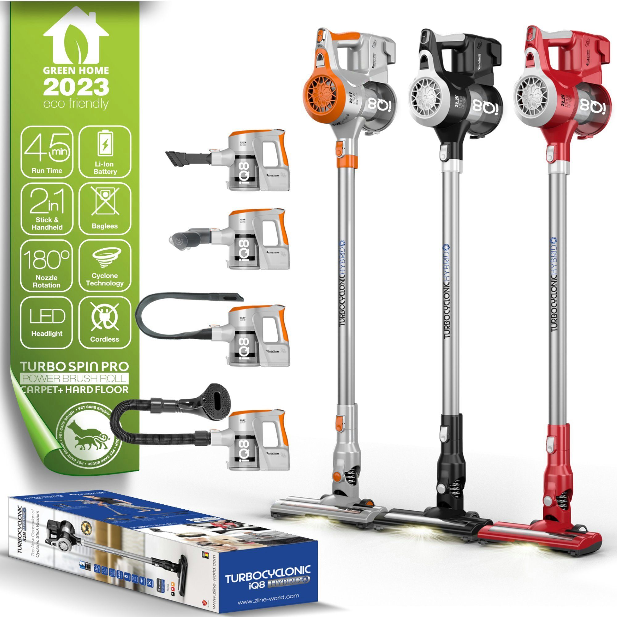 TurboTronic by Z-Line Akku-Hand-und Stielstaubsauger >8 kpa, 45 Min. Laufzeit, ultra-Leichtgewicht Boden Staubsauger, 120 W, beutellos, kabelloser Handsauger mit Wandhalterung