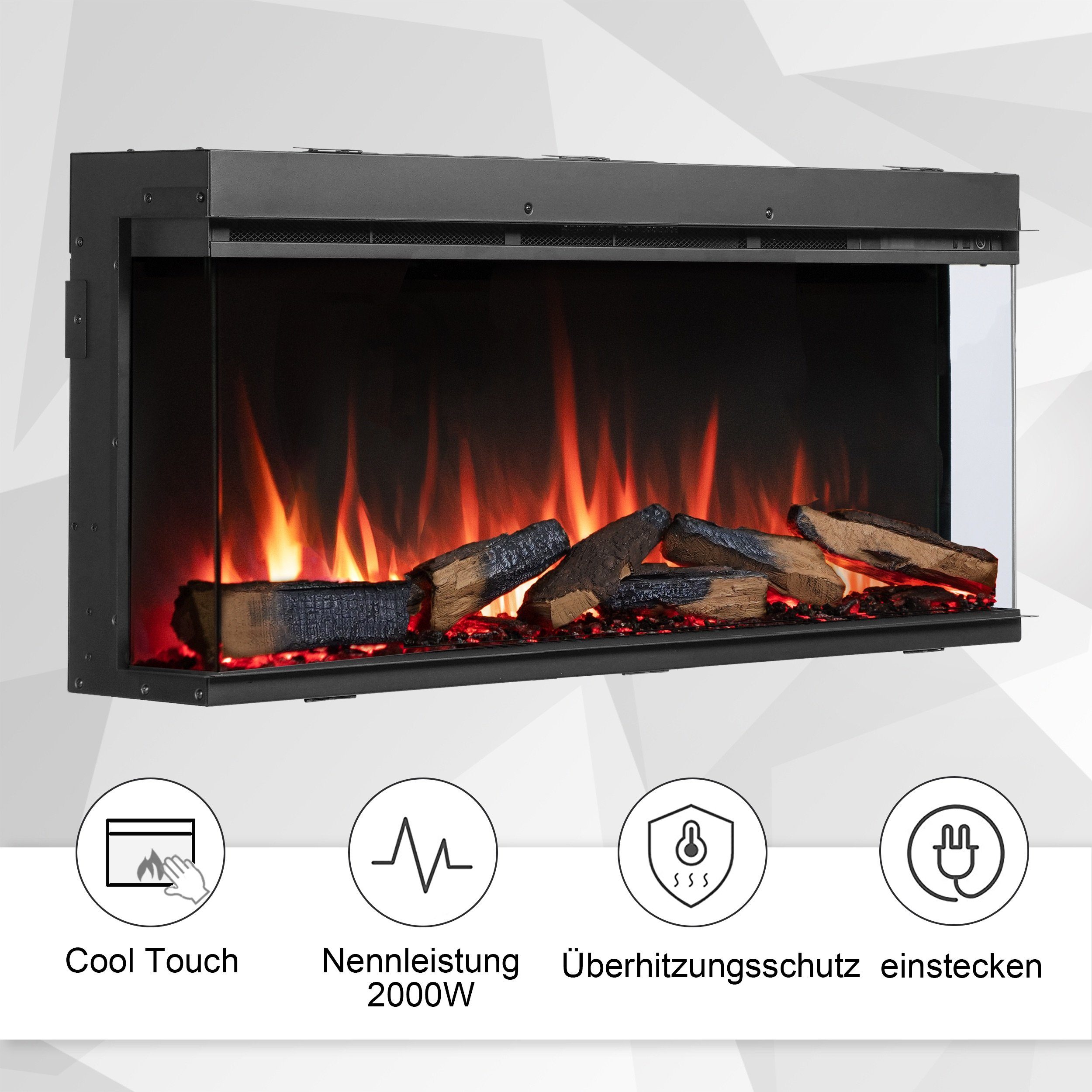 RICHEN Elektrokamin Athena, Elektrischer Einbaukamin mit Heizung 1500W, 3D-Flammen, Fernbedienung