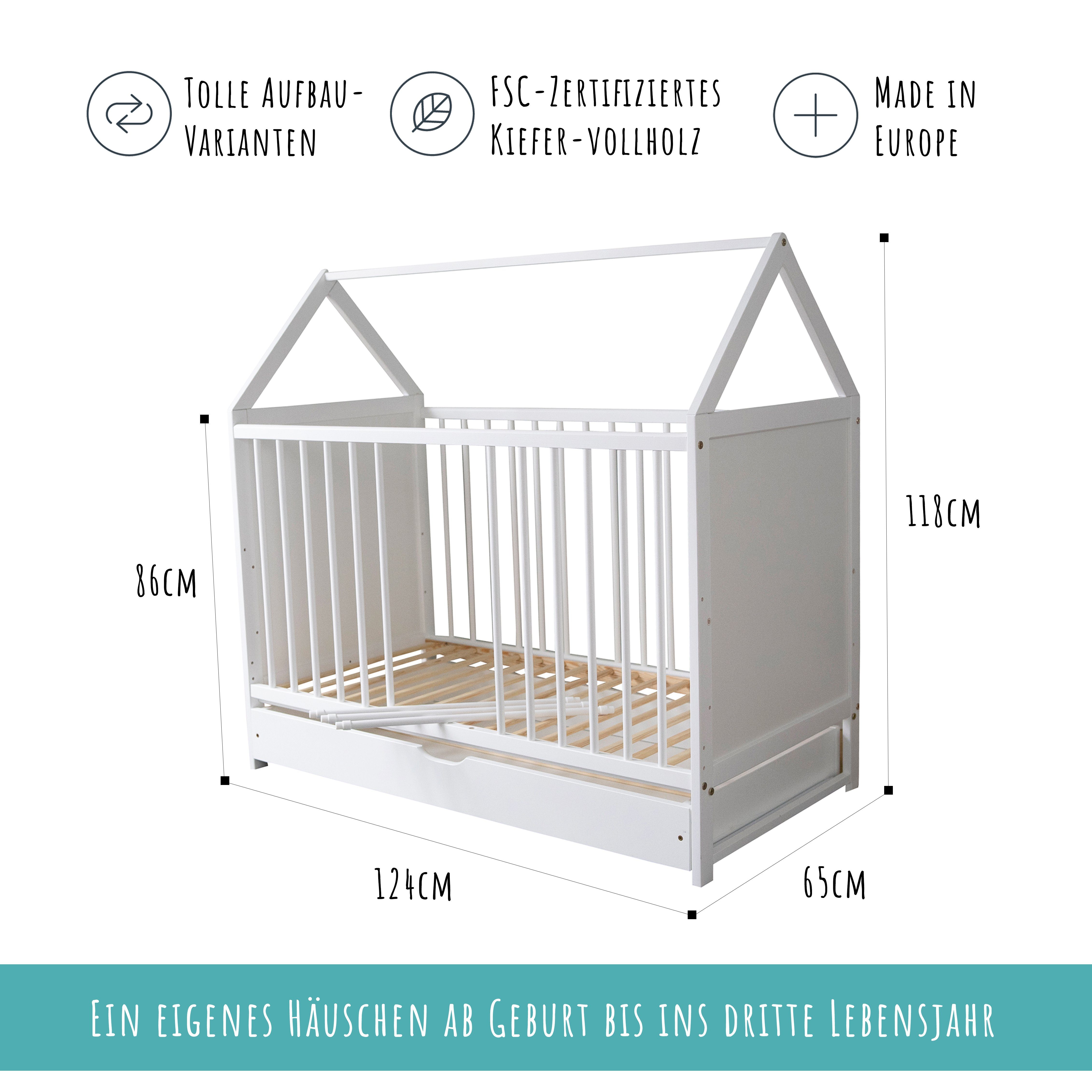 Kids Collective Babybett 60x120 cm Beistellbett Kinderbett und Hausbett, mit Schublade, vielfältig umbaubar zu Juniorbett, Kiefernholz, optional mit Matratze