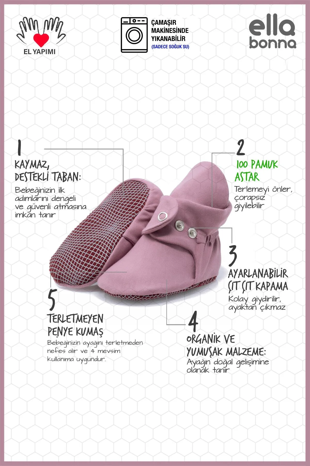 Ella Bonna  Babyschuhe aus Bio-Baumwolle, rutschfeste Sohle, Hausschuhe für Neugeborene aus Baumwolle, Heim- und Kinderzimmerschuhe