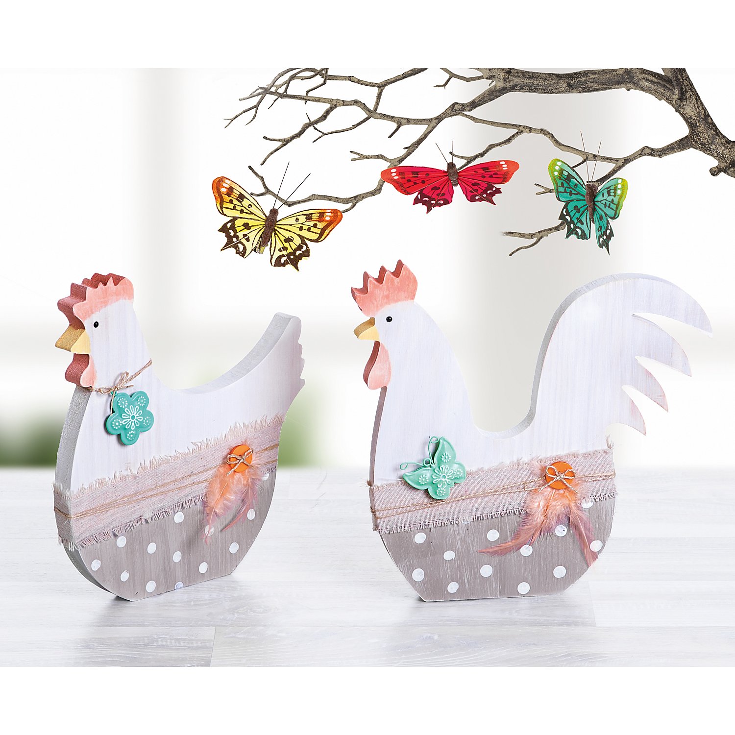 Huhn und Hahn aus Holz, 25,5 cm und 24,5 cm, 2 Stück