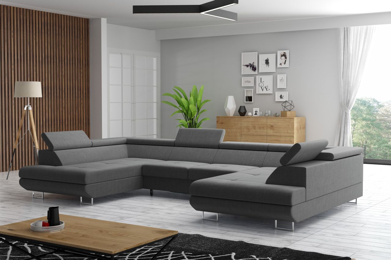 Möbel Punkt Wohnlandschaft U–Form Ecksofa Monaco Webstoff Grau mit Bett Bettkasten Kopfteilverstellung Bigsofa