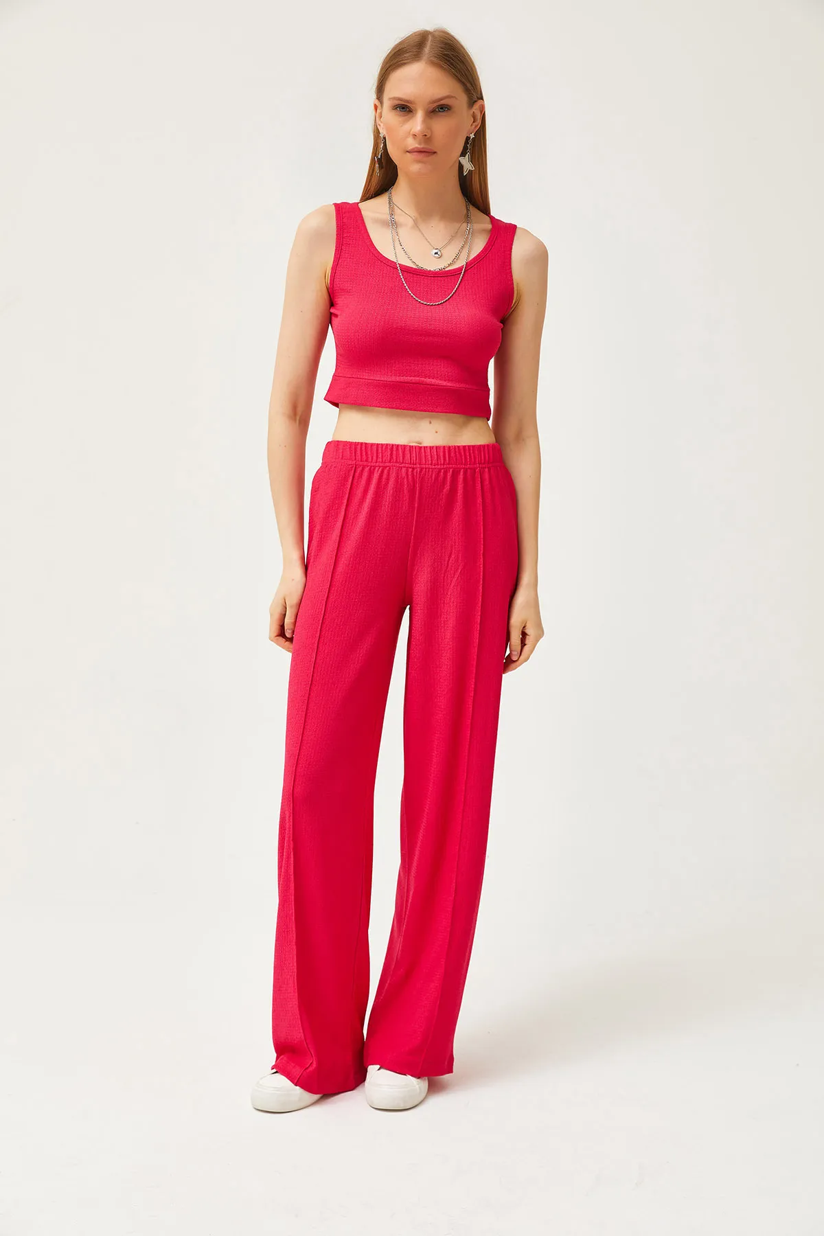 Olalook  Damen-Hemdblusen-Hosen-Set in Fuchsia, 3-teilig, TKM-19000270