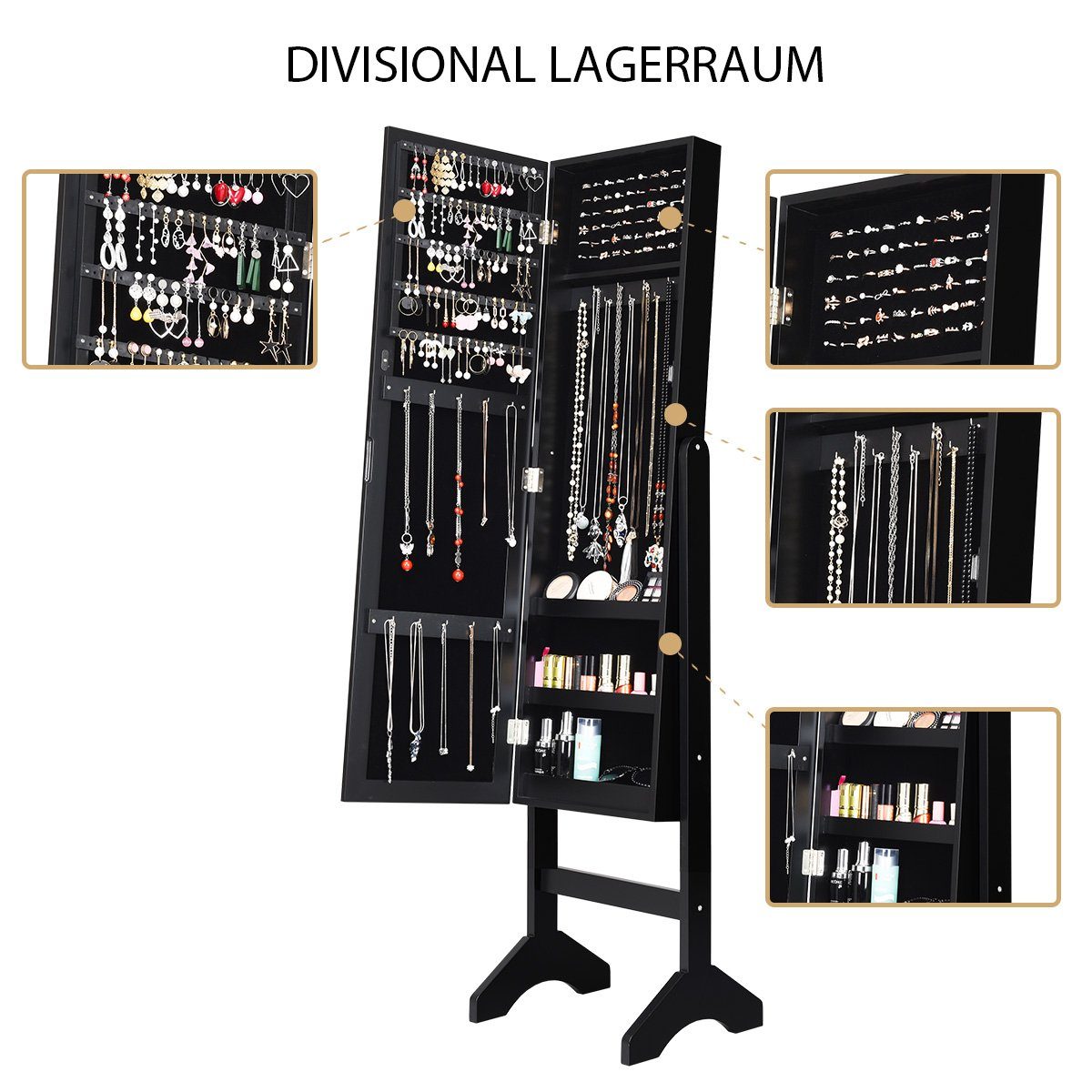 COSTWAY Schmuckschrank mit Spiegel, stehend, Winkelverstellbar