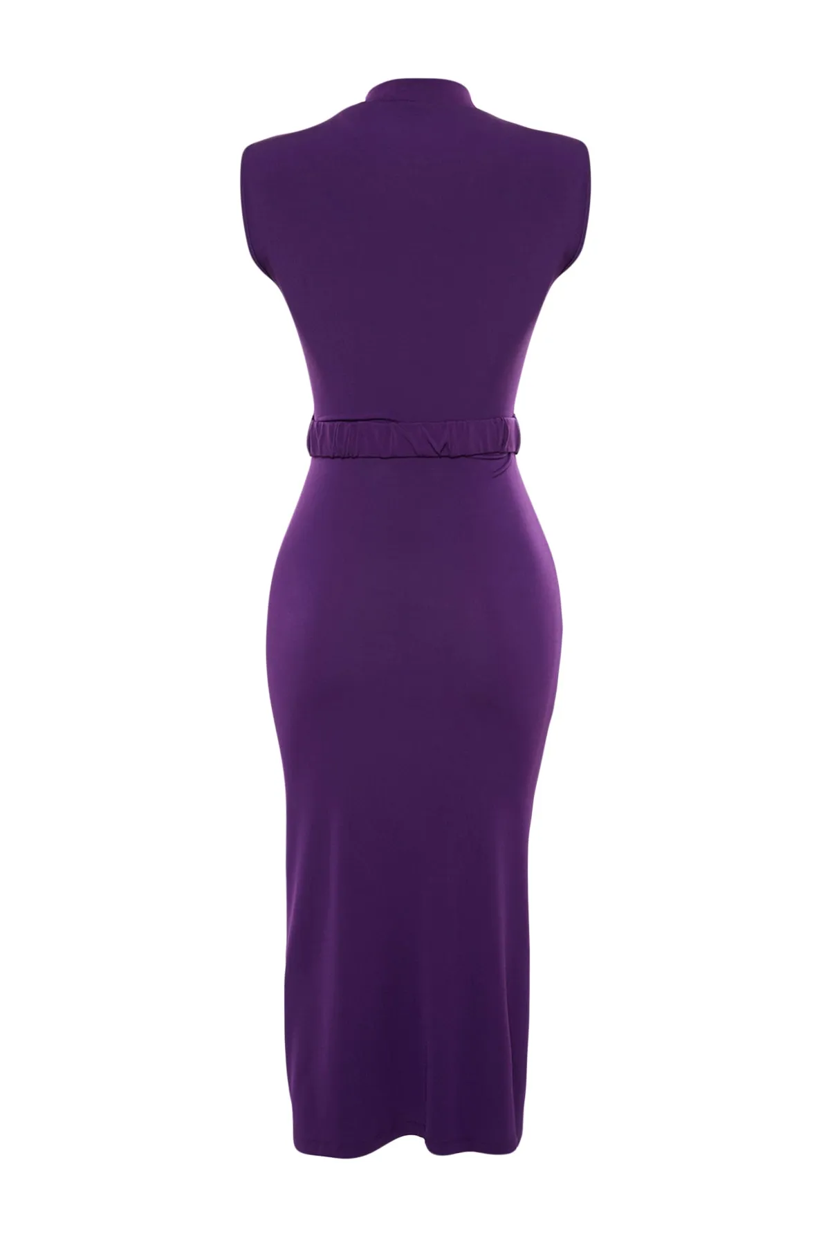 Trendyol Collection  Lila, tailliertes/körperbetontes ärmelloses, drapiertes, detailliertes Midi-Bleistiftkleid aus flexiblem Strick mit Gürtel TWOSS22EL0756