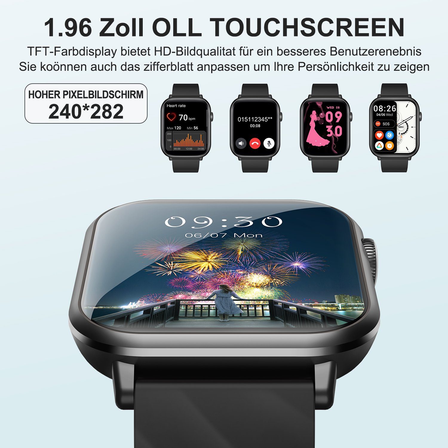 walkbee Smartwatch,Fitness Tracker Uhr für Damen Herren mit Telefonfunktion Smartwatch (5 cm/1.96 Zoll Full-Touch Zoll) IP67 Wasserdicht Fitness Uhr, 4 Austauschbare Armbänder, Fitness Tracker mit Schrittzähler, Pulsmesser, Frauengesundheit,Schlaftra