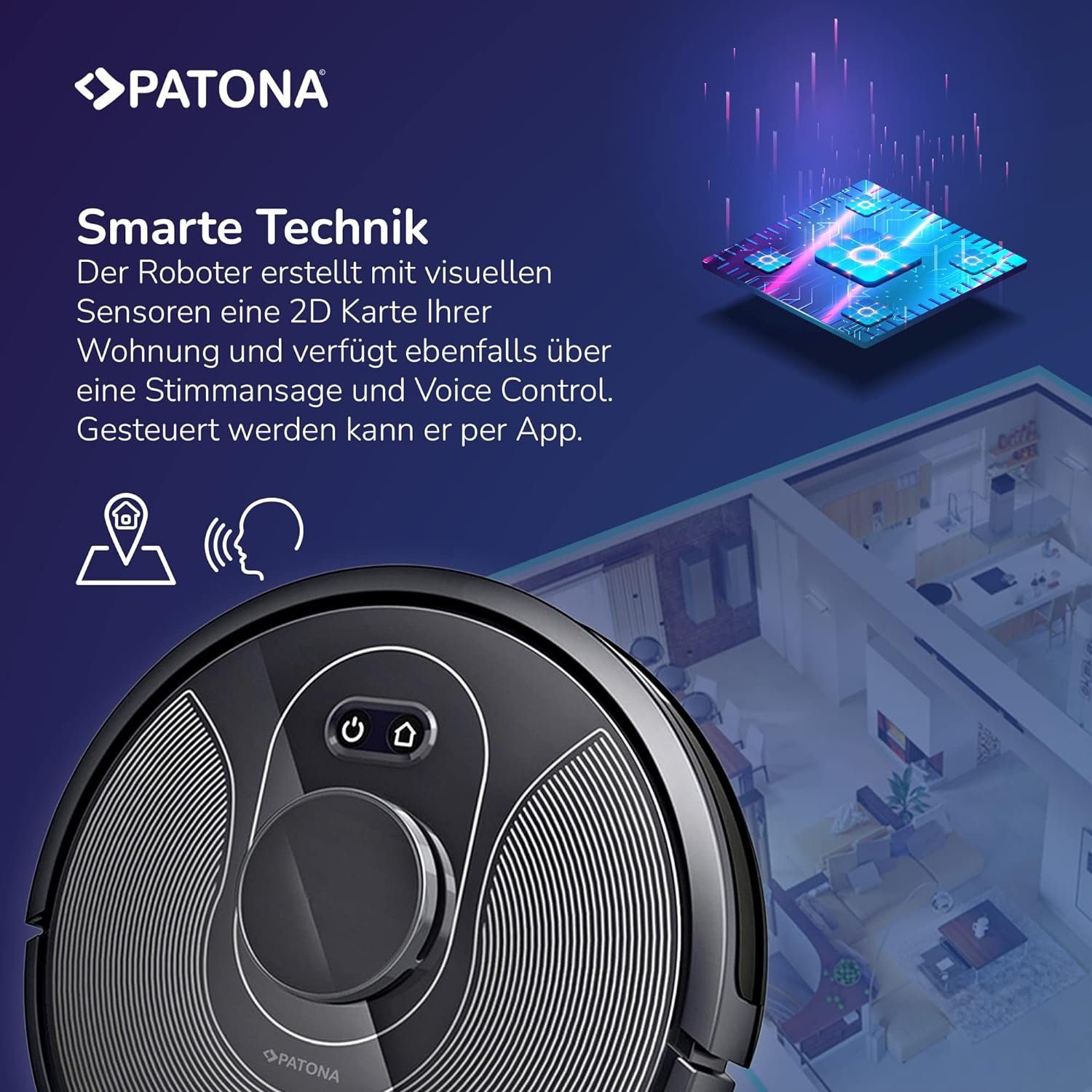 Patona Nass-Trocken-Saugroboter VM16 mit Wischfunktion Staubsauger Laser APP-Steuerung Desinfektion