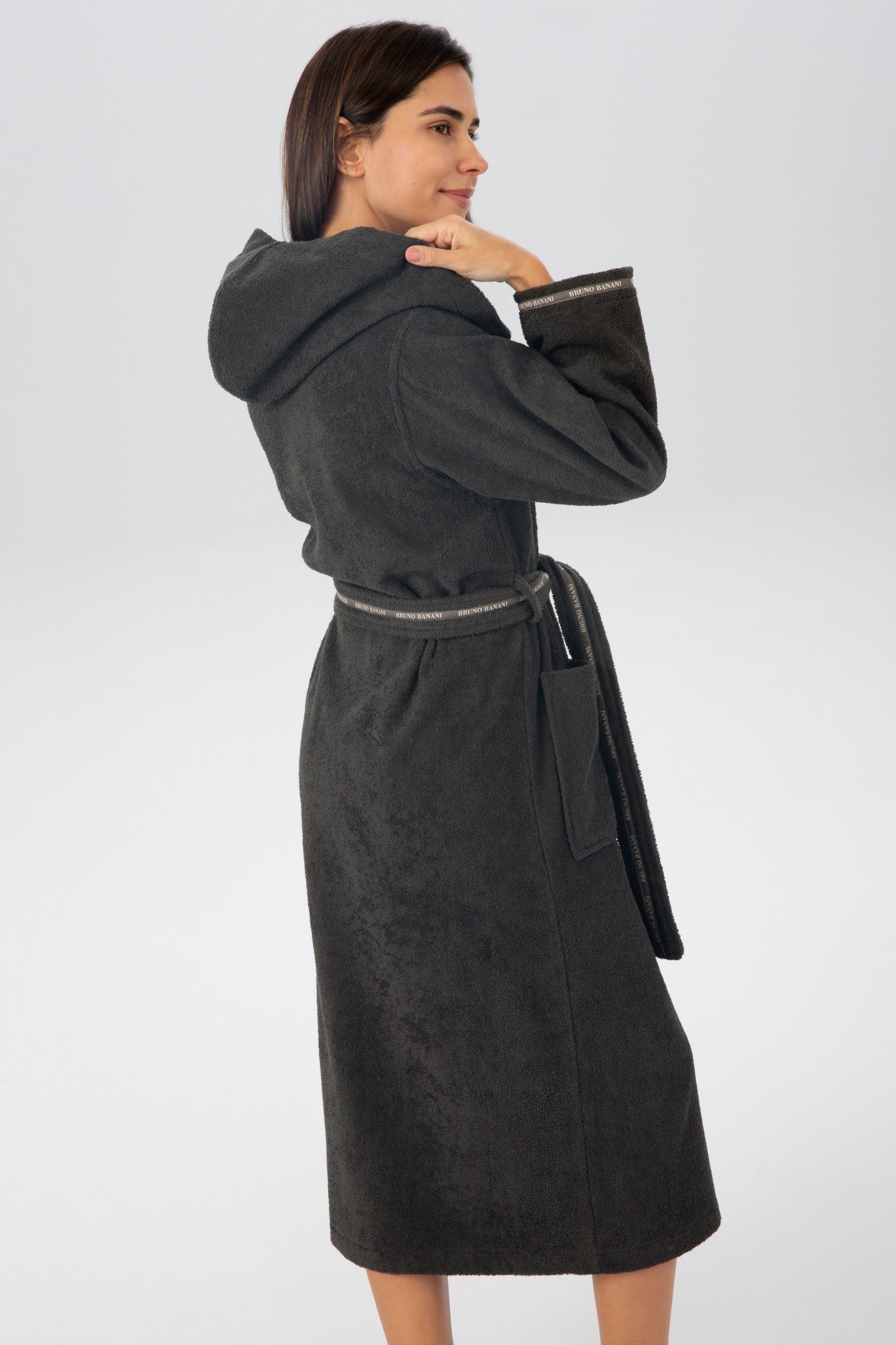 Bruno Banani Damenbademantel Danny, Langform, Baumwolle, Kapuze, Gürtel, mit Logostreifen, aus 100% Baumwolle, XS-3XL