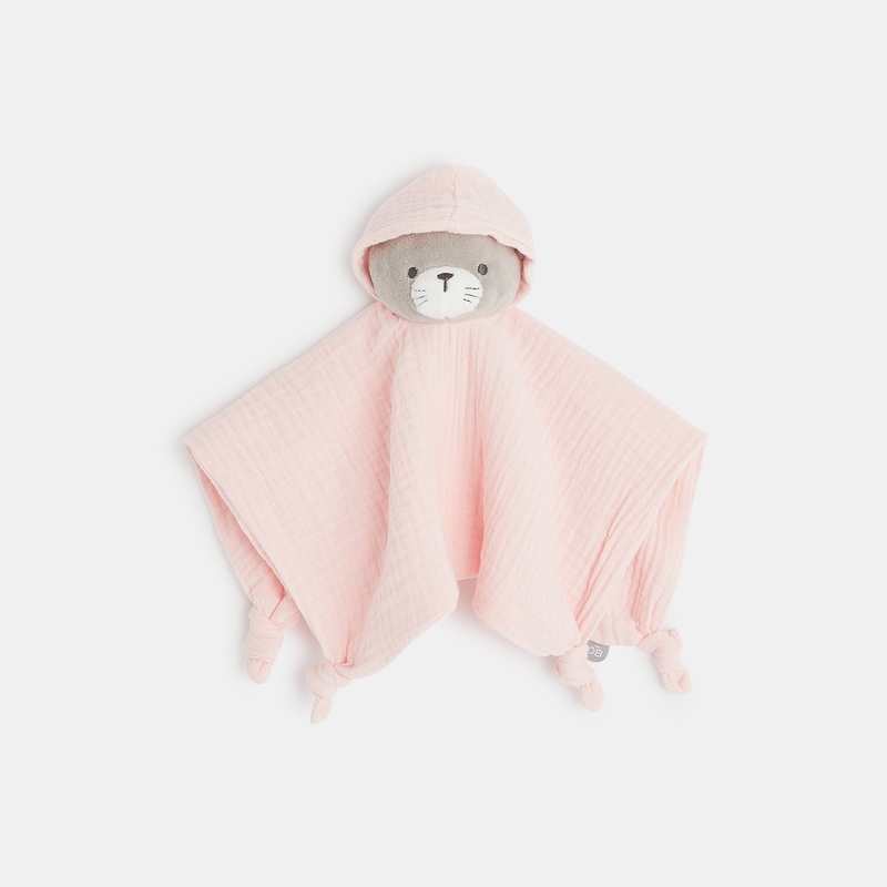 Doudou plat chat en lange de coton rose naissance