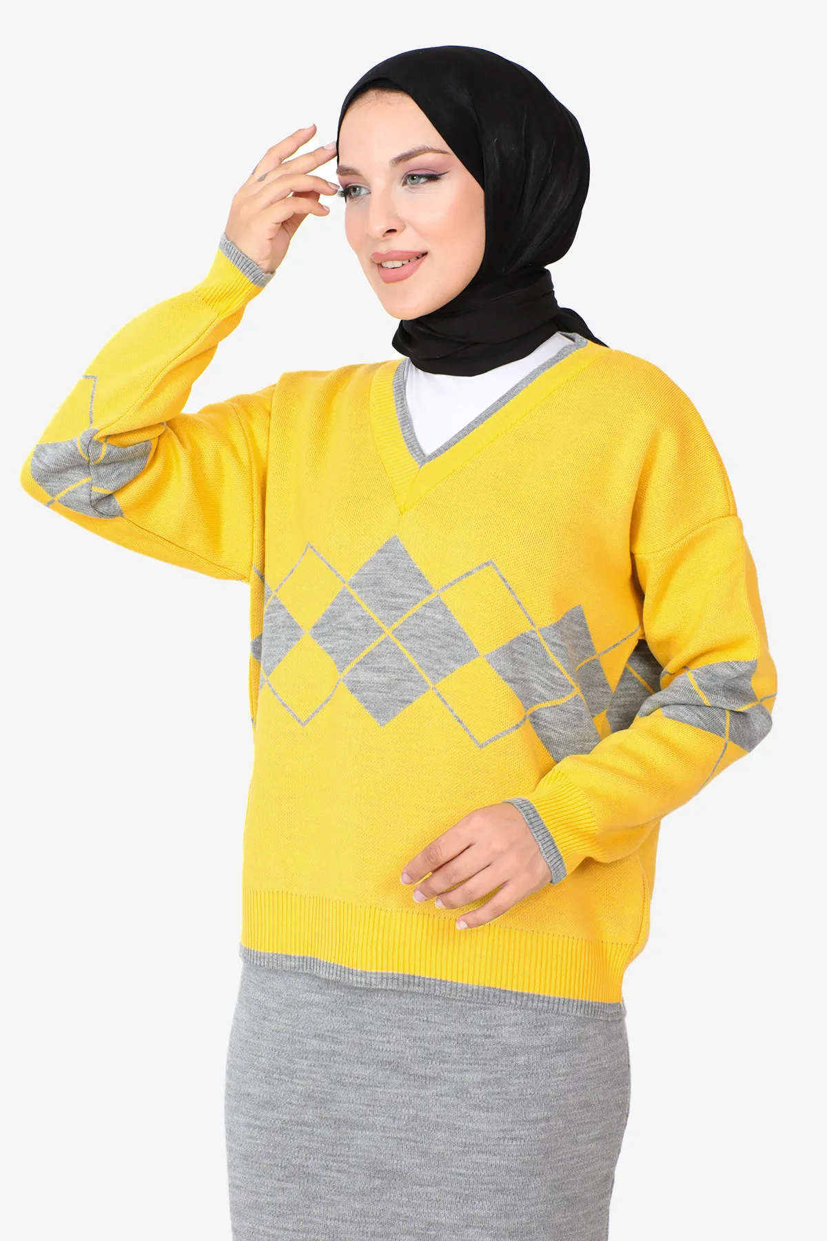Tesettür Dünyası  Strickanzug mit Rock TSD230901 Grau