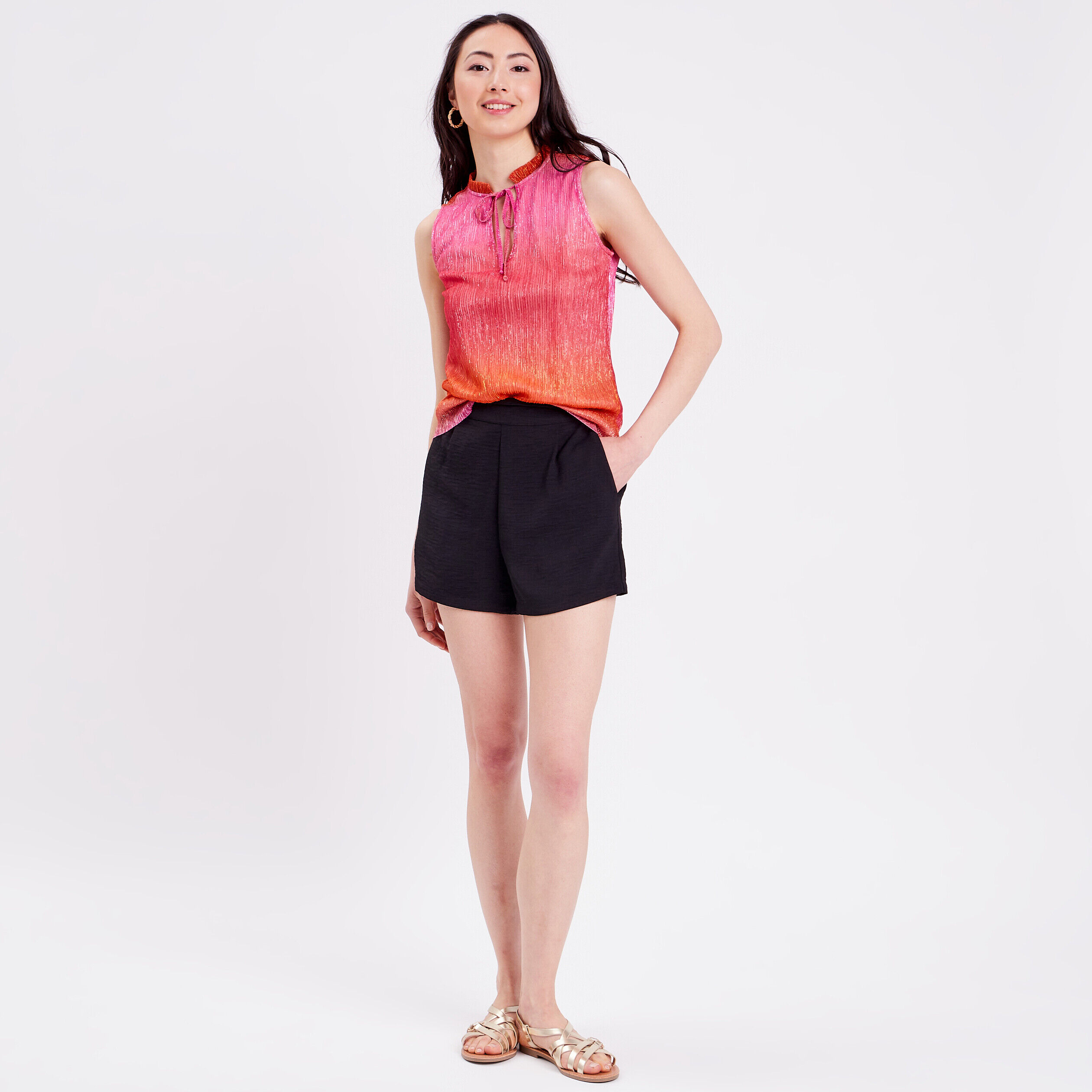 Débardeur plissé col mao rose femme | Cache Cache