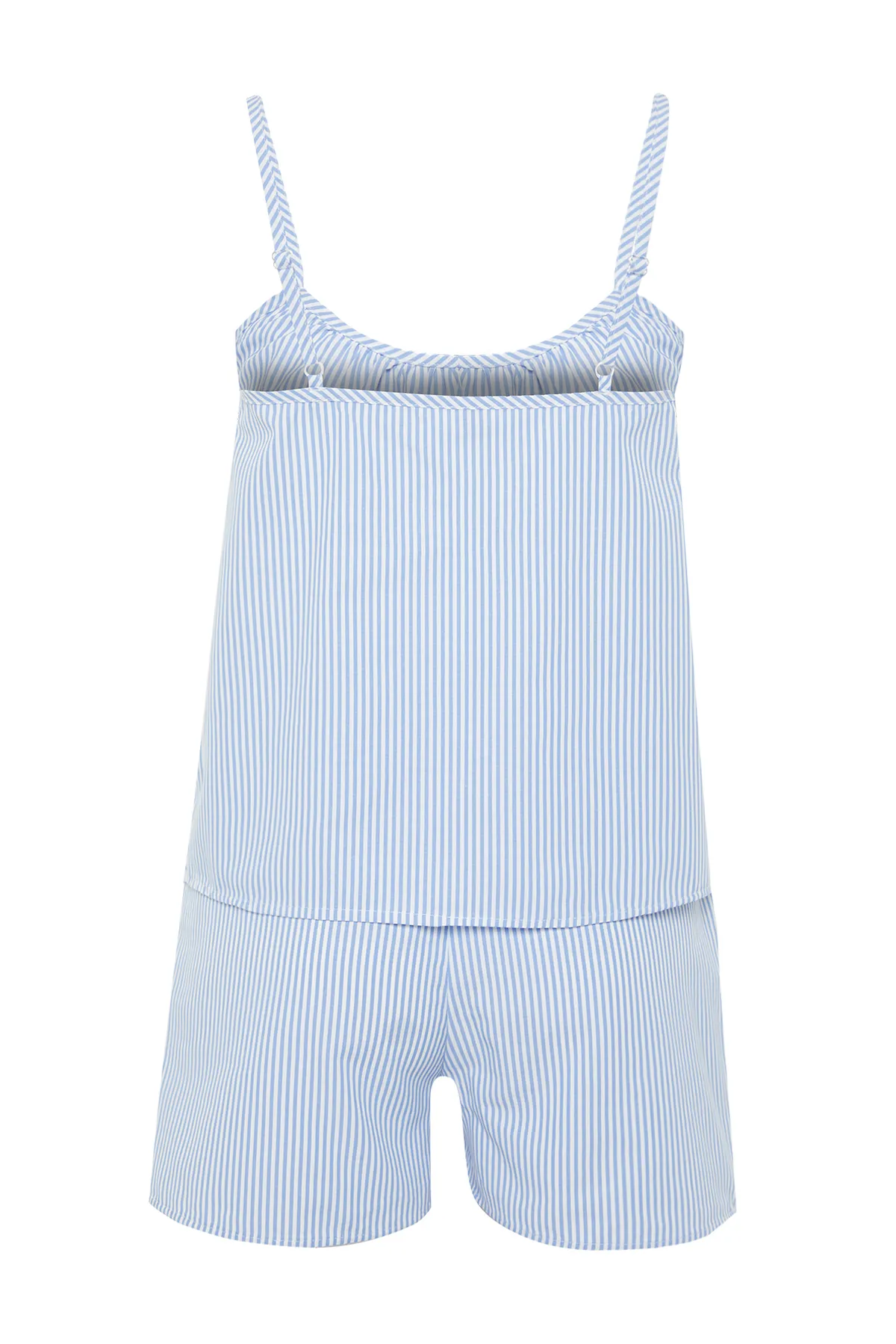 Trendyol Collection  Blaues Pyjama-Set aus gestreiftem Baumwollpopeline mit Seilriemen THMSS24PT00049