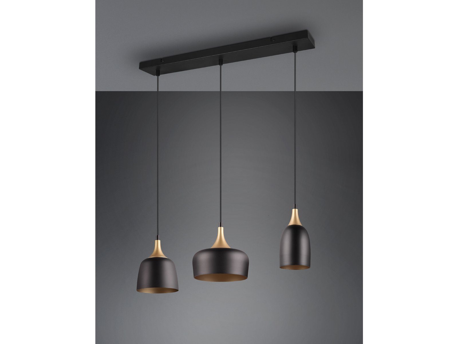 meineWunschleuchte LED Pendelleuchte, Dimmfunktion, LED wechselbar, warmweiß, Designer Balken-Lampe übern Esstisch 3 flammig Schwarz Gold dimmbar