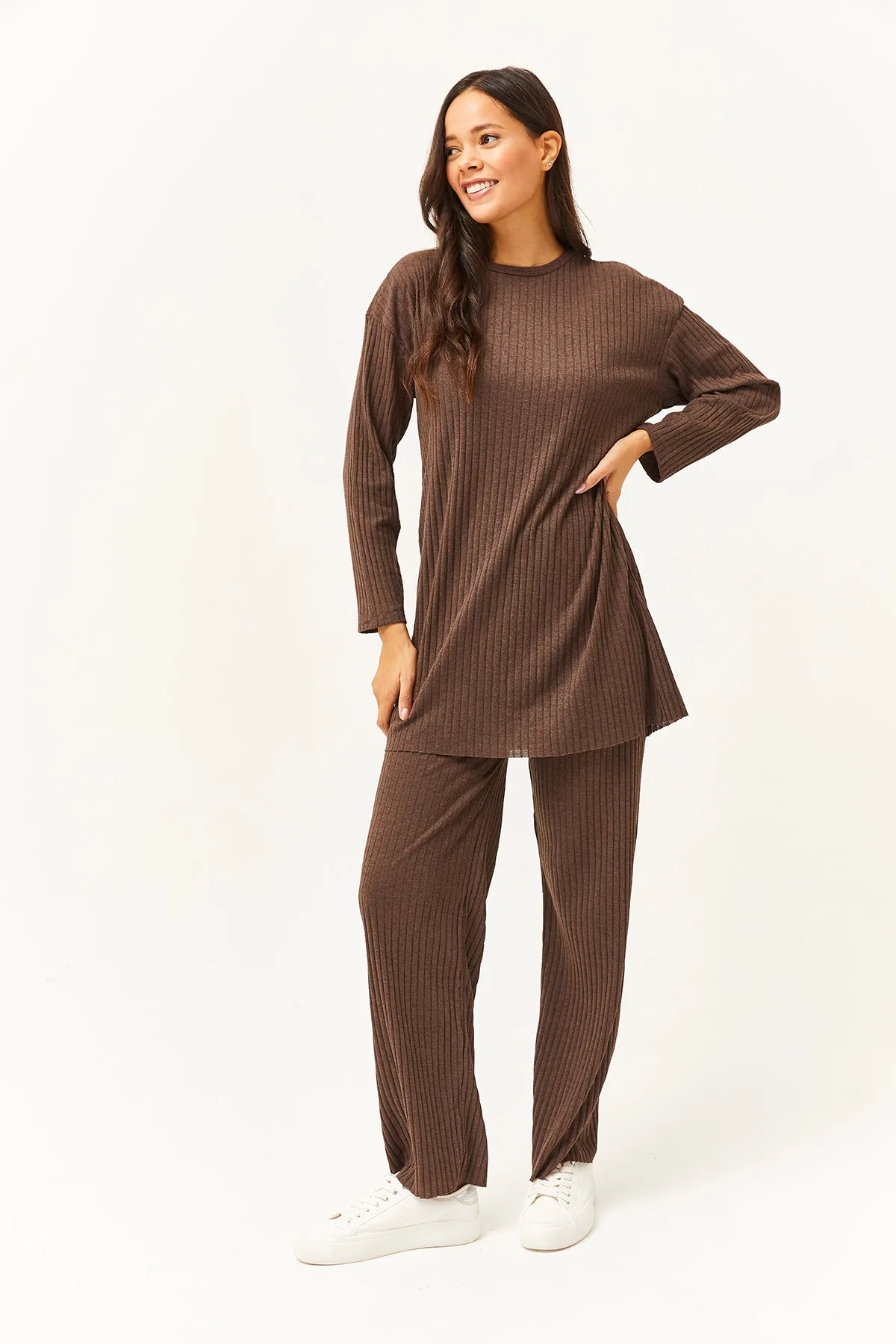 Olalook  Damen Bitterbraun Oberteil Schlitz Bluse Unterteil Palazzo Kordel Anzug TKM-19000180