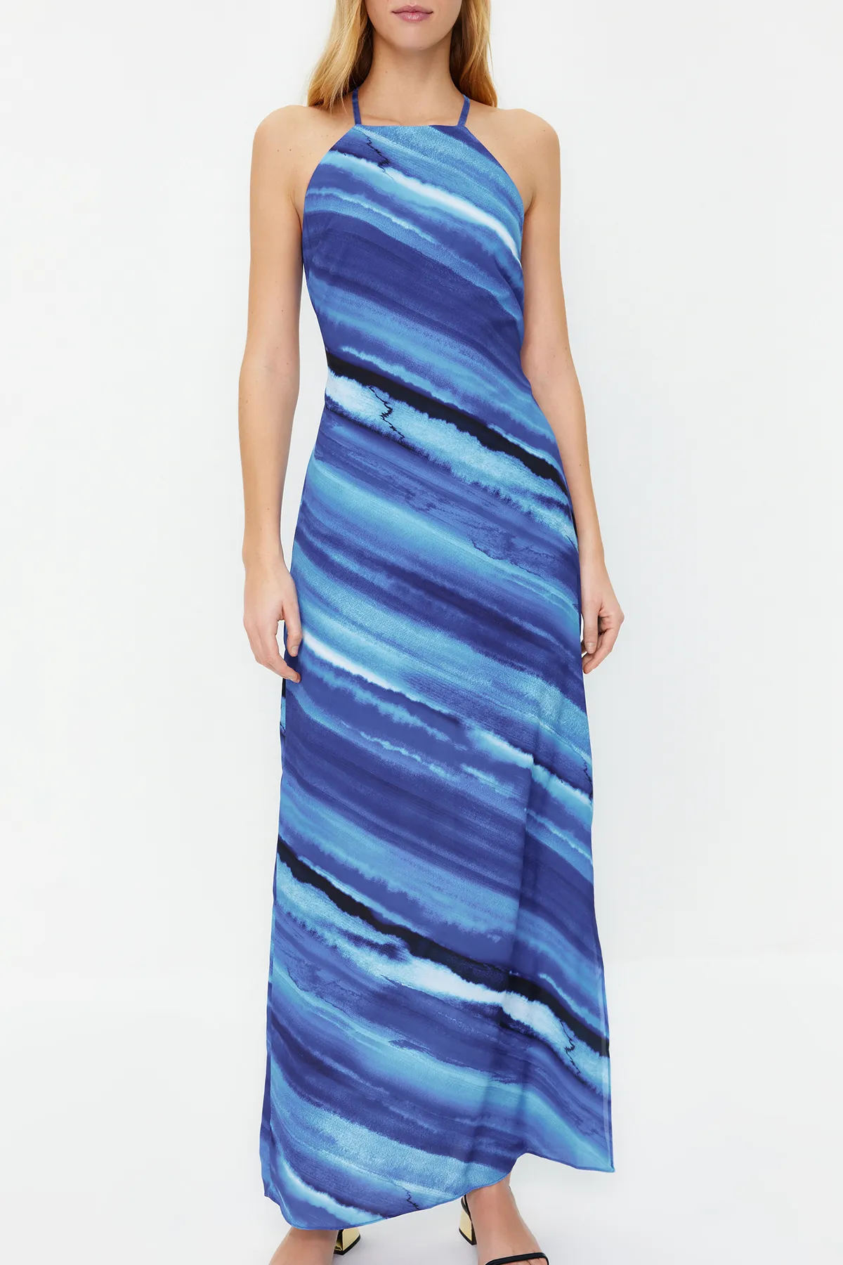 Trendyol Collection  Blaues, ärmelloses, gerade geschnittenes, gefüttertes Maxi-Webkleid TWOSS23EL02238