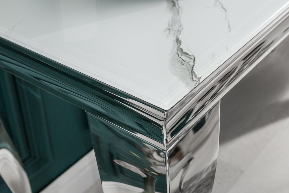 riess-ambiente Konsolentisch MODERN BAROCK 145cm grau / weiß, Glastisch · Marmor-Optik · Edelstahl-Beine