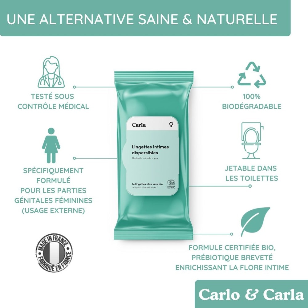 carlo & carla Paquet de 14 lingettes intimes pour femme biodégradables certifiées bio Lingettes intimes pour femme