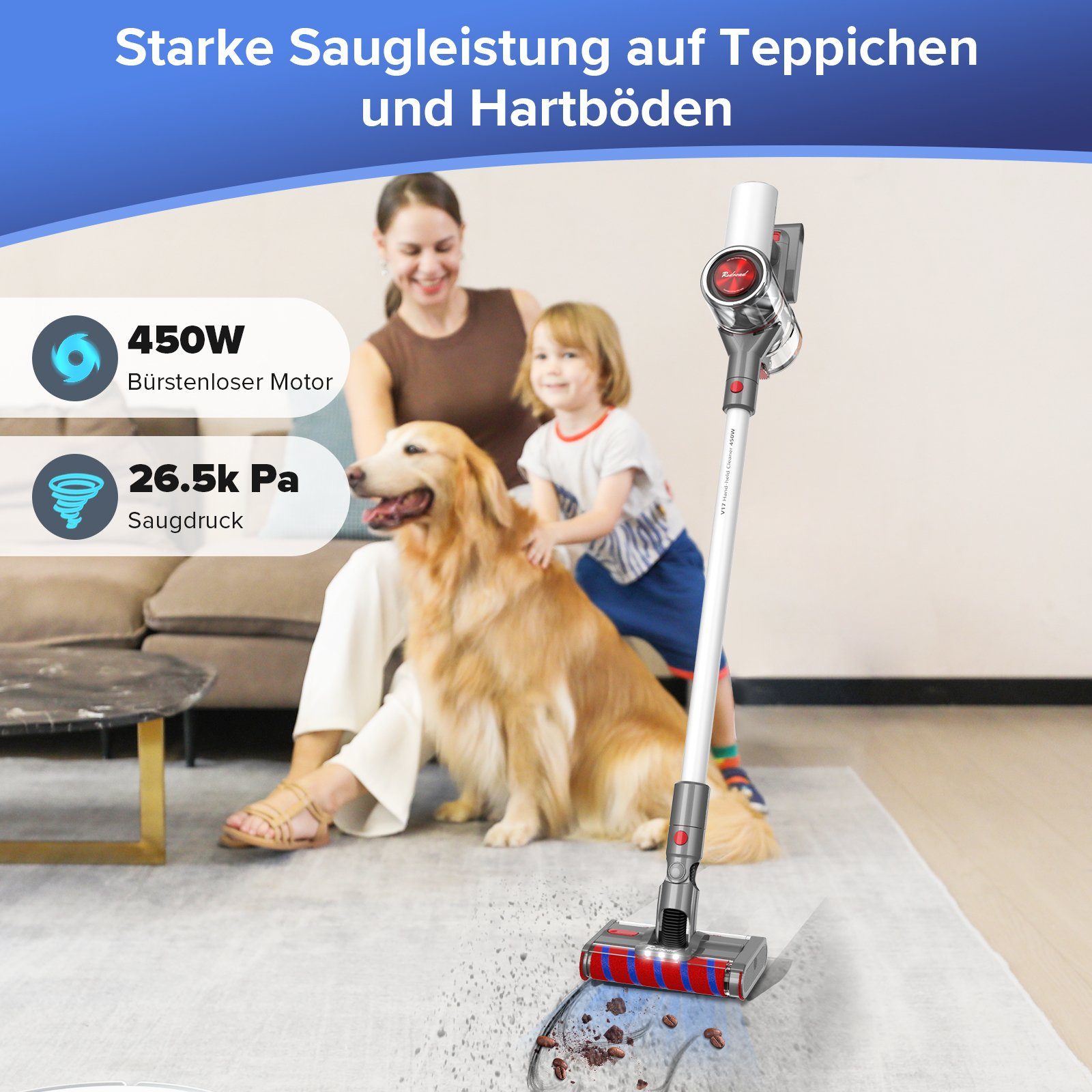 redroad Akku-Stielstaubsauger 17, 450,00 W, Beutellos, Akku Staubsauger 26.5Kpa, 60 Mins,Mit LED Licht