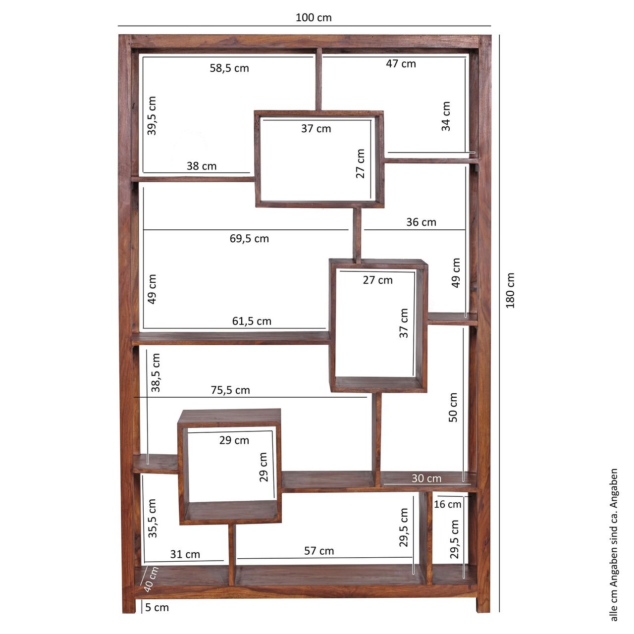 Wohnling Design Sheesham Massivholz Bücherregal 115 x 40 x 180 cm (B/T/H)