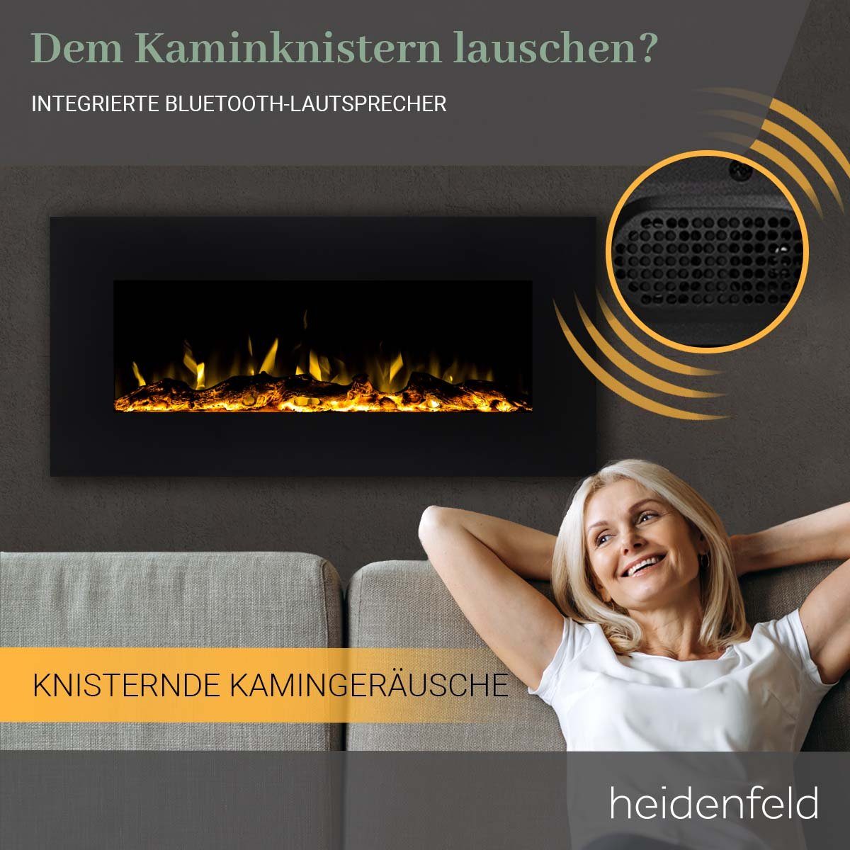 Heidenfeld Elektrokamin Kamin Heizung Wandkamin HF-WK500 750/1500 Watt inkl. 3 J. Garantie LED, 3D Flammen - Bluetooth Lautsprecher - Fernbedienung - Elektroheizung