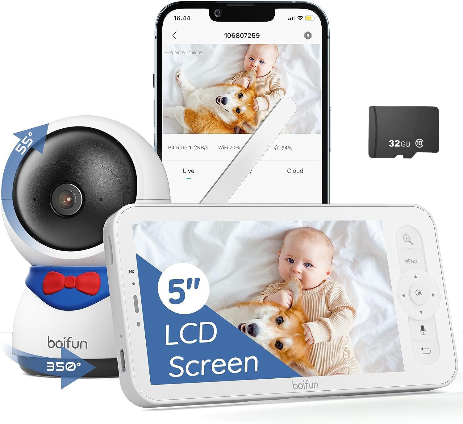 Boifun Babyphone 5 Zoll LCD-Display Babyfon Babyphone mit Kamera App, Automatisches AI-Tracking, Zonenalarme,SD-Karte & Cloud-Speicher,Automatische Verfolgung, 1080P PT 350°/55°,Bewegungs/Geräuscherkennung,Aufnghme & Screenshot, 4×Zoom Bewegungs/Gerä