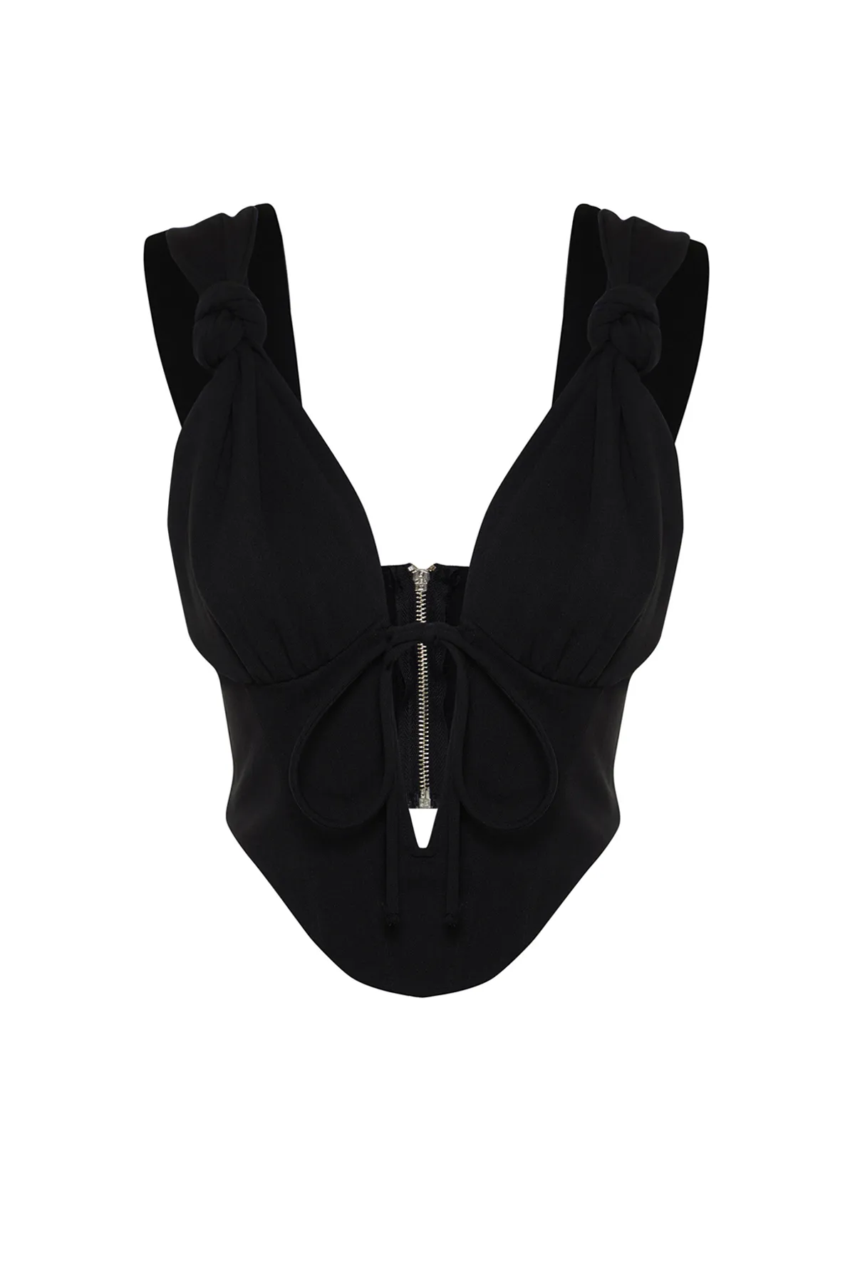 Trendyol Collection  Zeynep Tosun Schwarzes Strick-Bustier – Mit Bügel und Bindedetail TCLSS24BS00003