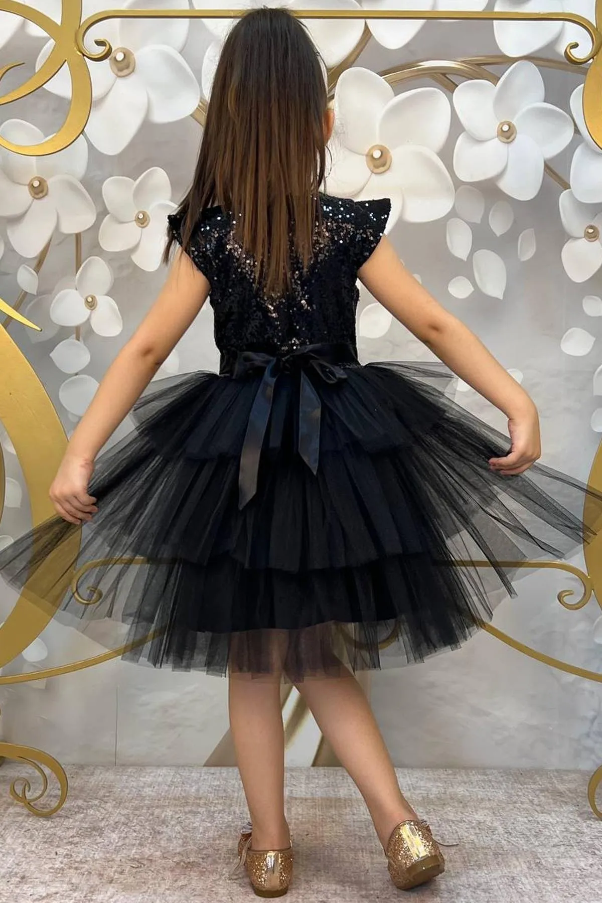 Riccotarz  Schwarzes, mit Pailletten besticktes Katkat-Abendkleid für Mädchen im Alter von 4–7 Jahren
