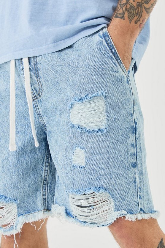 Lockere zerrissene Jeansshorts mit elastischem Bund in Hellblau