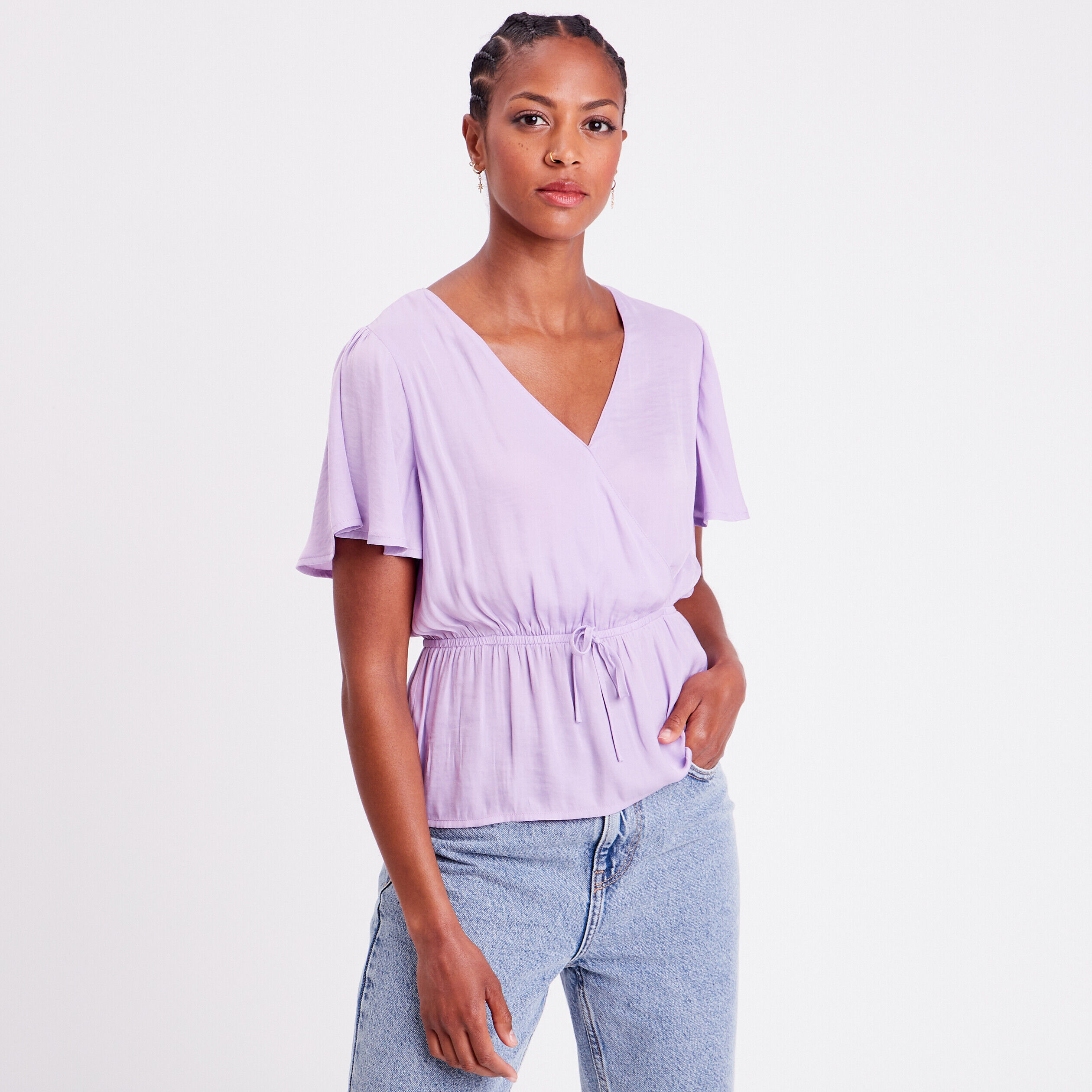 Blouse manches courtes satin violet femme | Cache Cache