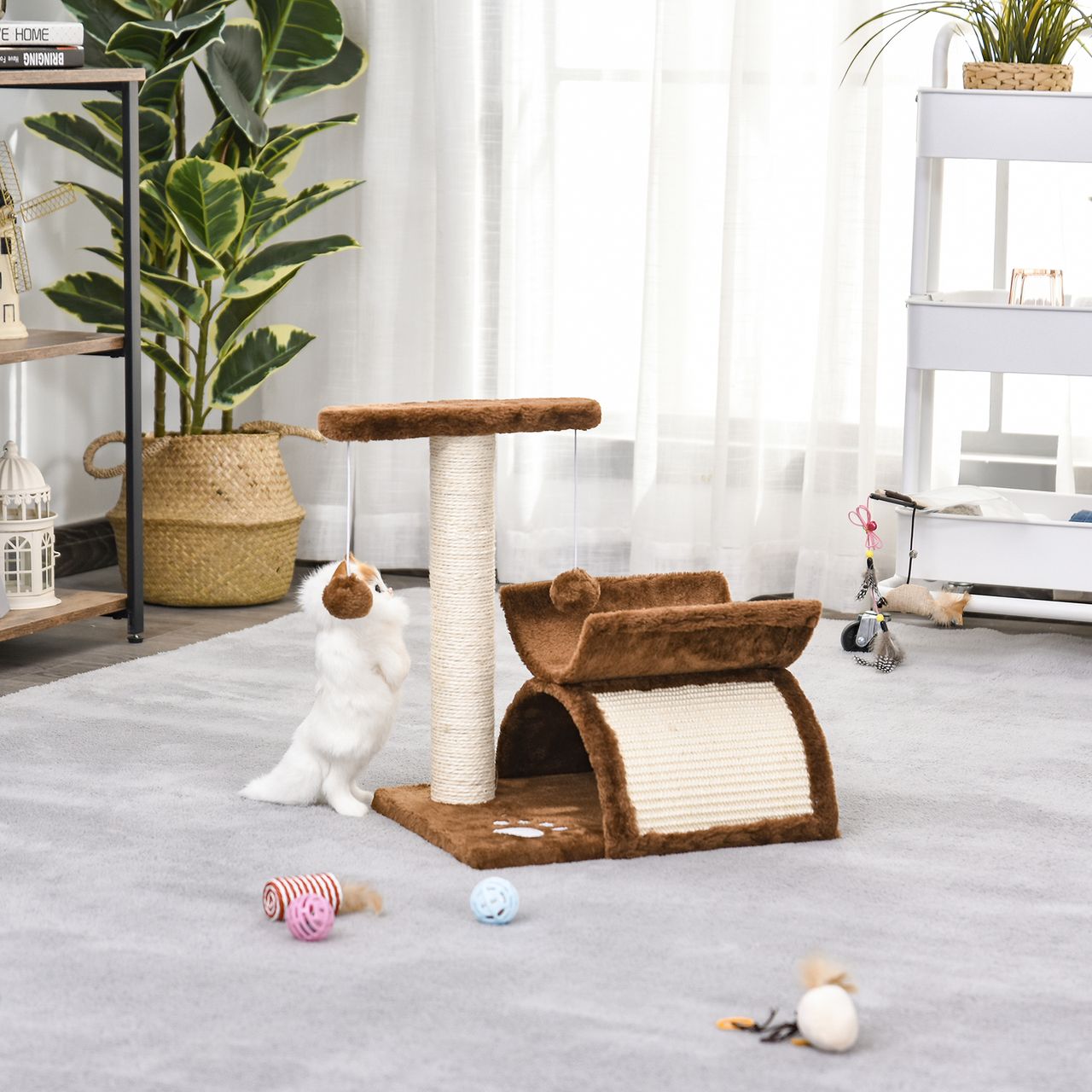 PawHut Katzenbaum Spielbaum Katzenkratzbaum Kratzbaum Katzen mit Ball Braun L40 x B30 x H43 cm
