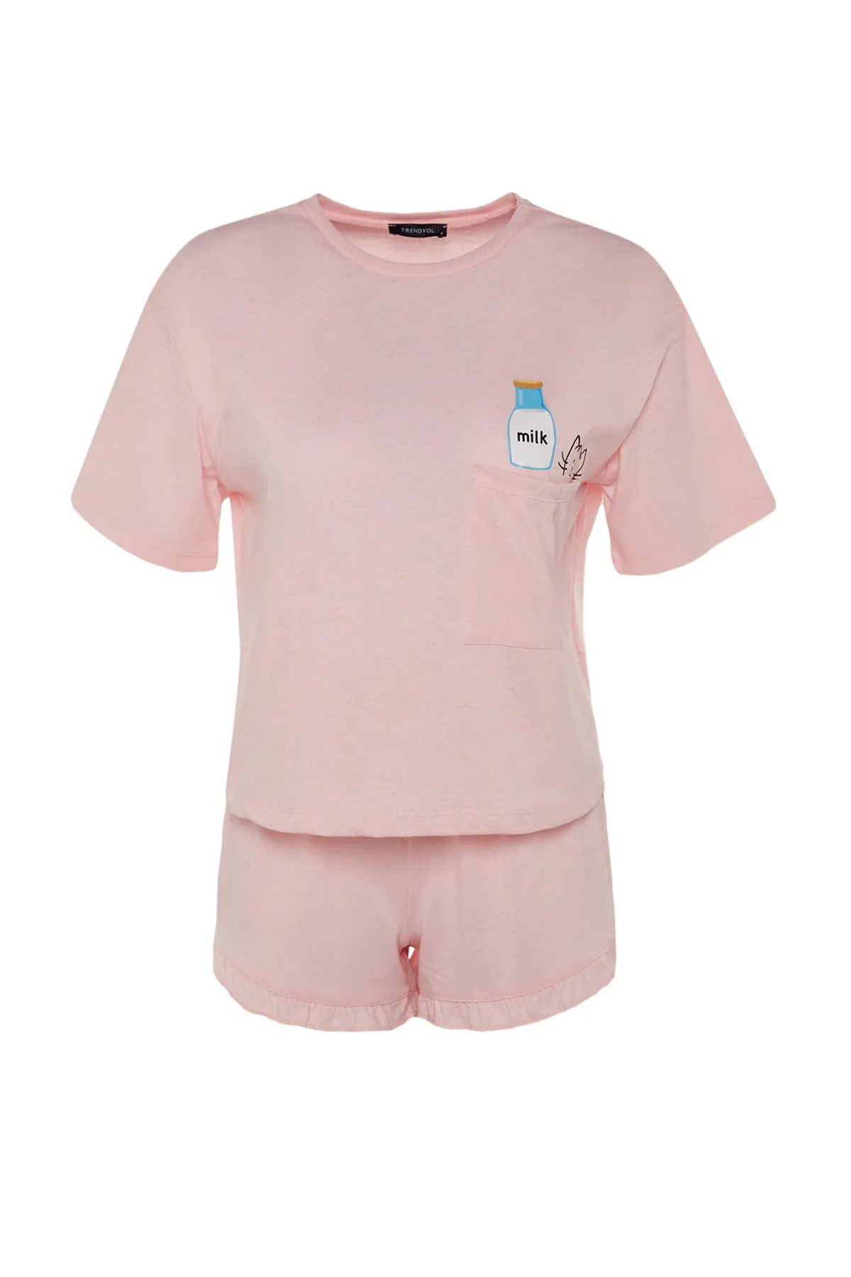 Trendyol Collection  Gestricktes Pyjama-Set mit bedruckten T-Shirts und Shorts aus rosafarbener Baumwolle THMSS22PT0422
