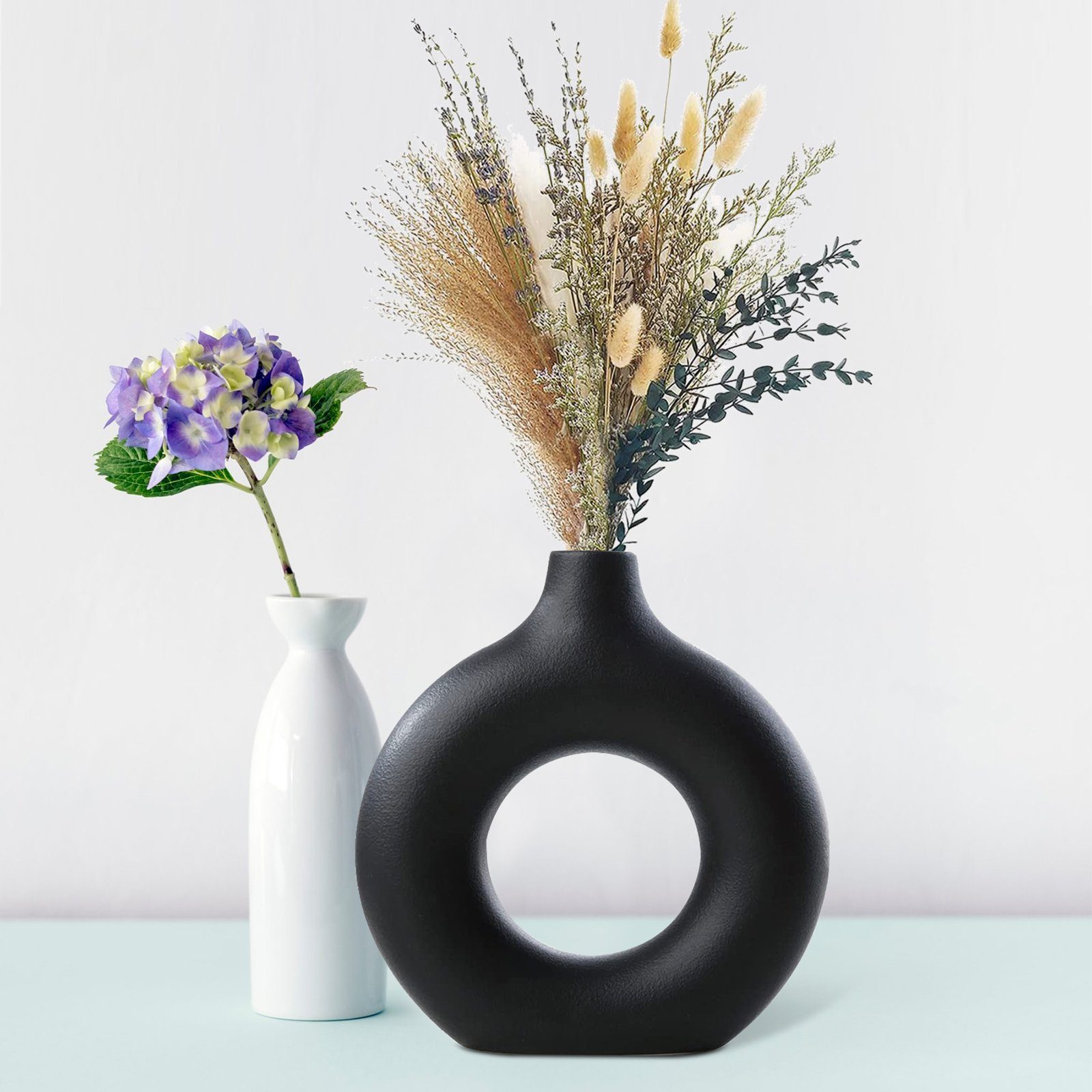 CALIYO Dekovase Keramik Vase Moderne Donut vase schwarz Getrocknete Vase, für Pampasgras Blumenvase Kunst Deko für Wohnzimmer Büro Dekoration