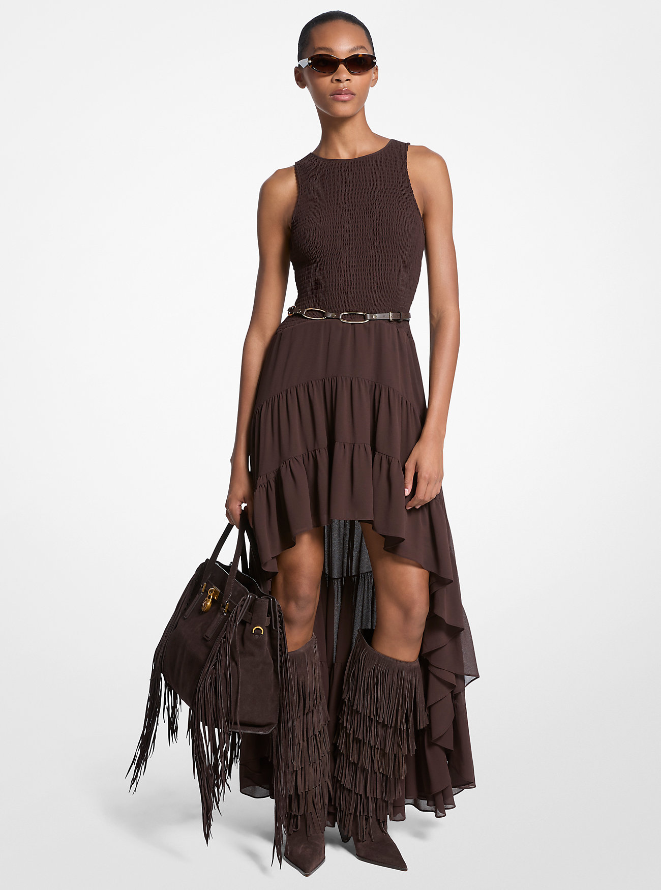 Georgette Smocked High-Low Dress - CHOCOLATE