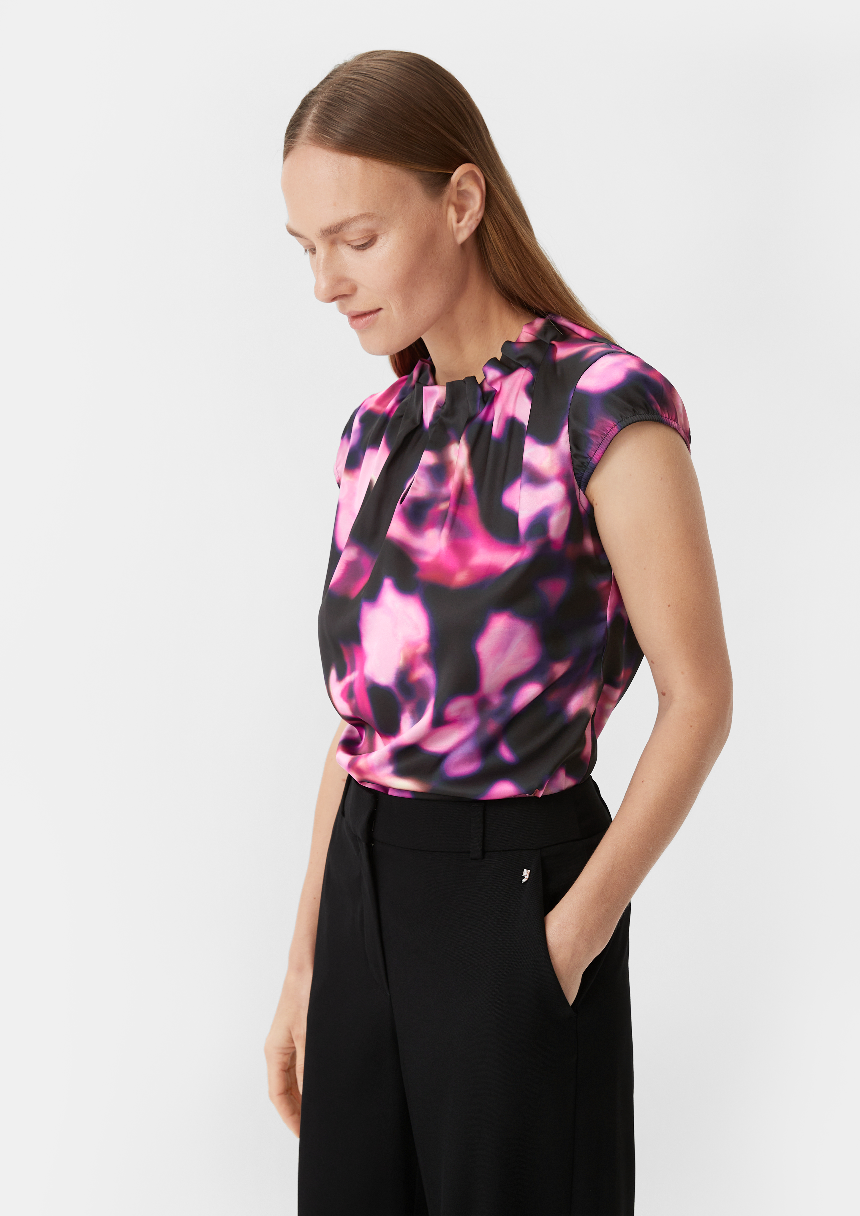Satinbluse mit All-over-Print - fuchsia