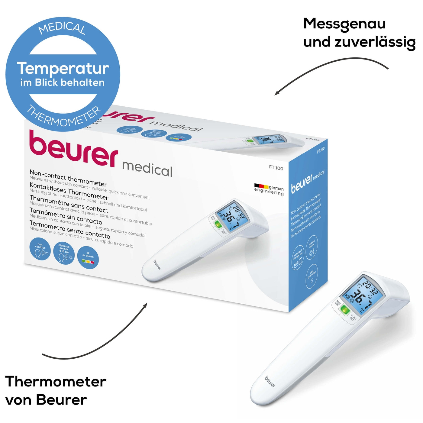 Beurer kontaktloses Thermometer FT 100-Misst die Körper-, Umgebungs- & Oberflächentemperatur mit Infrarot-Messtechnik