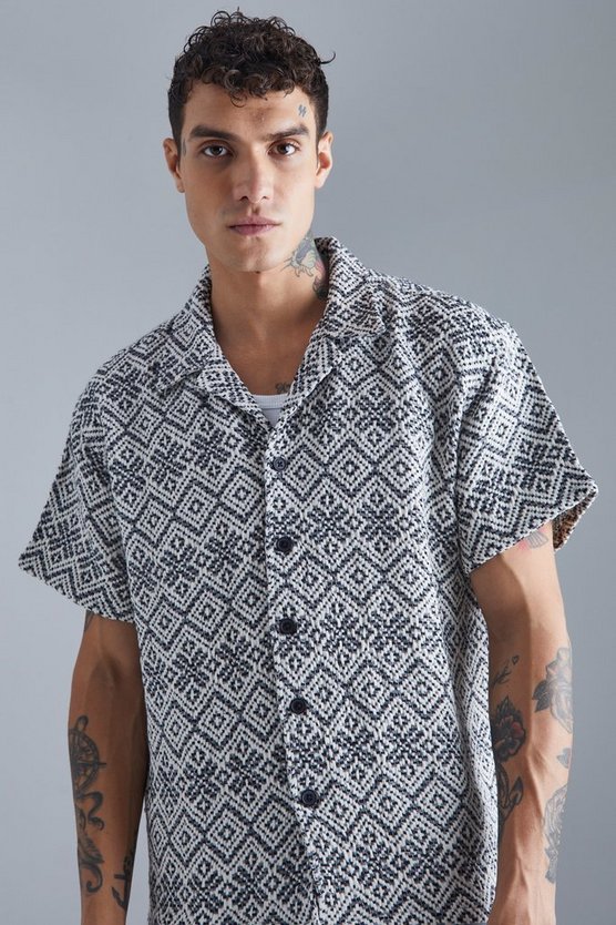 Kurzärmliges kastiges florales Jacquard-Hemd