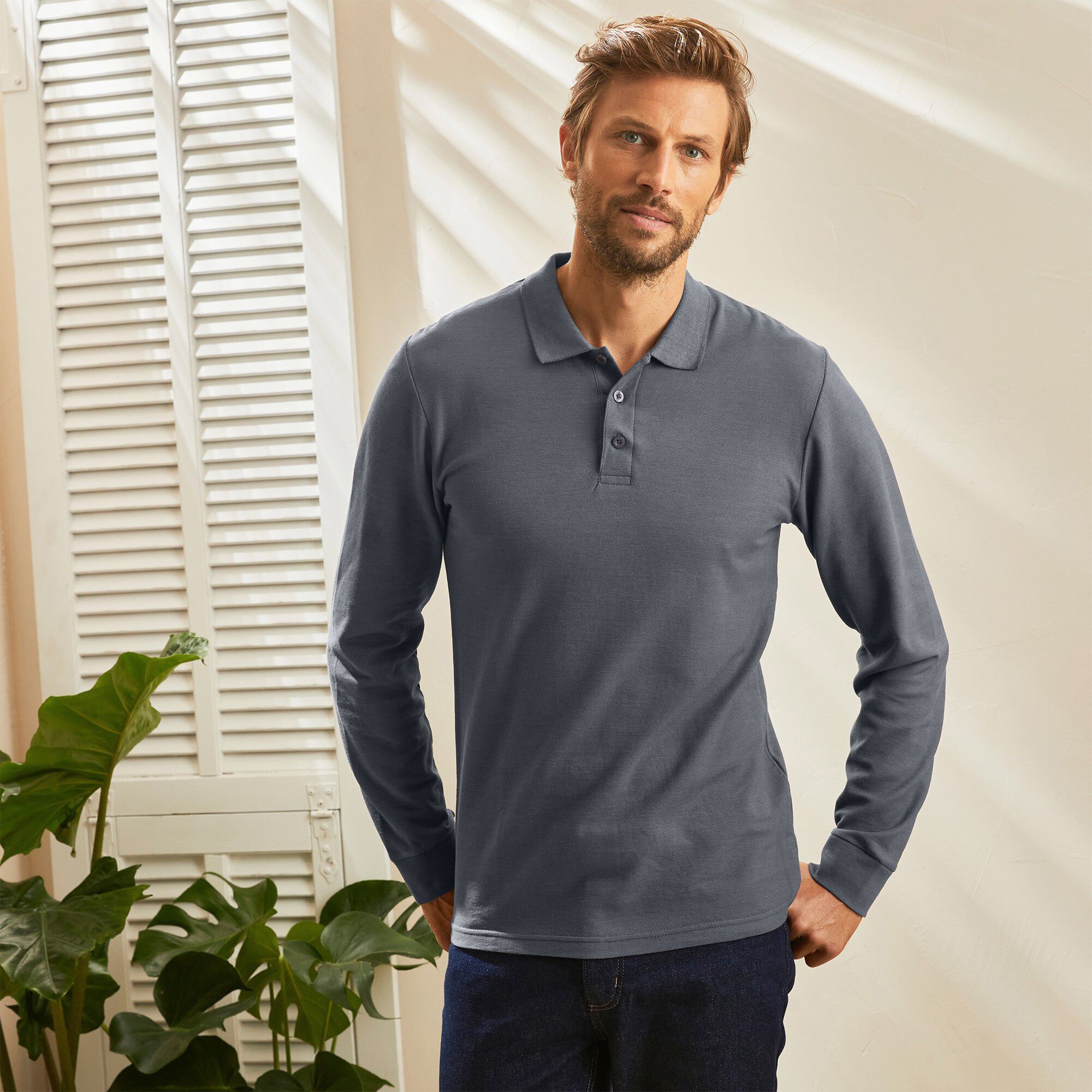 Polo uni maille piquée manches longues