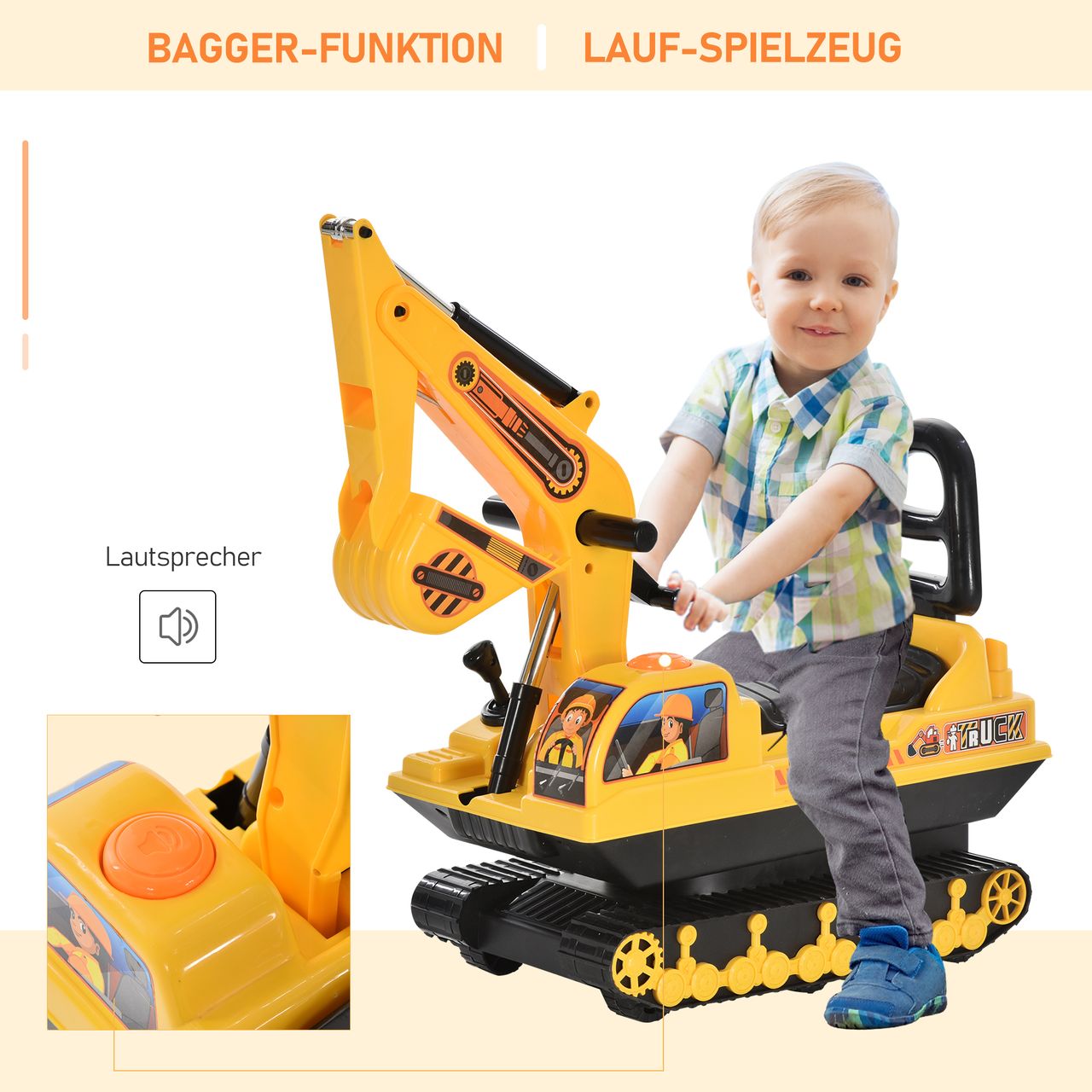 HOMCOM Rutschauto Kinder Rutscher Baby Kinderauto mit Bagger Schwarz Gelb