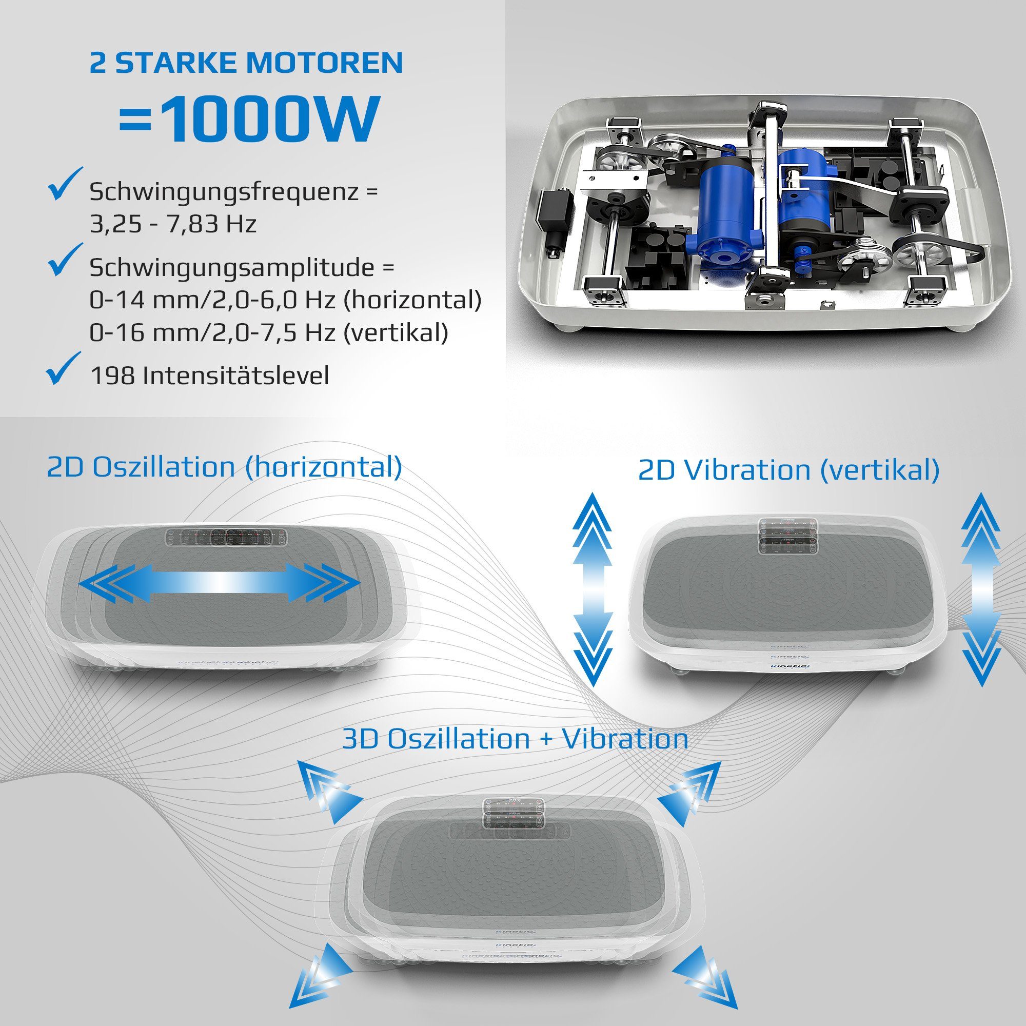 Kinetic Sports Vibrationsplatte VPX800, 1000,00 W, 198 Intensitätsstufen, (Vibrationsplatte 2 Motoren mit Trainingsbänder und Übungsposter), Intensitätsstufen 198, Vibrationstyp 3D, Fernbedienung & Trainingsband